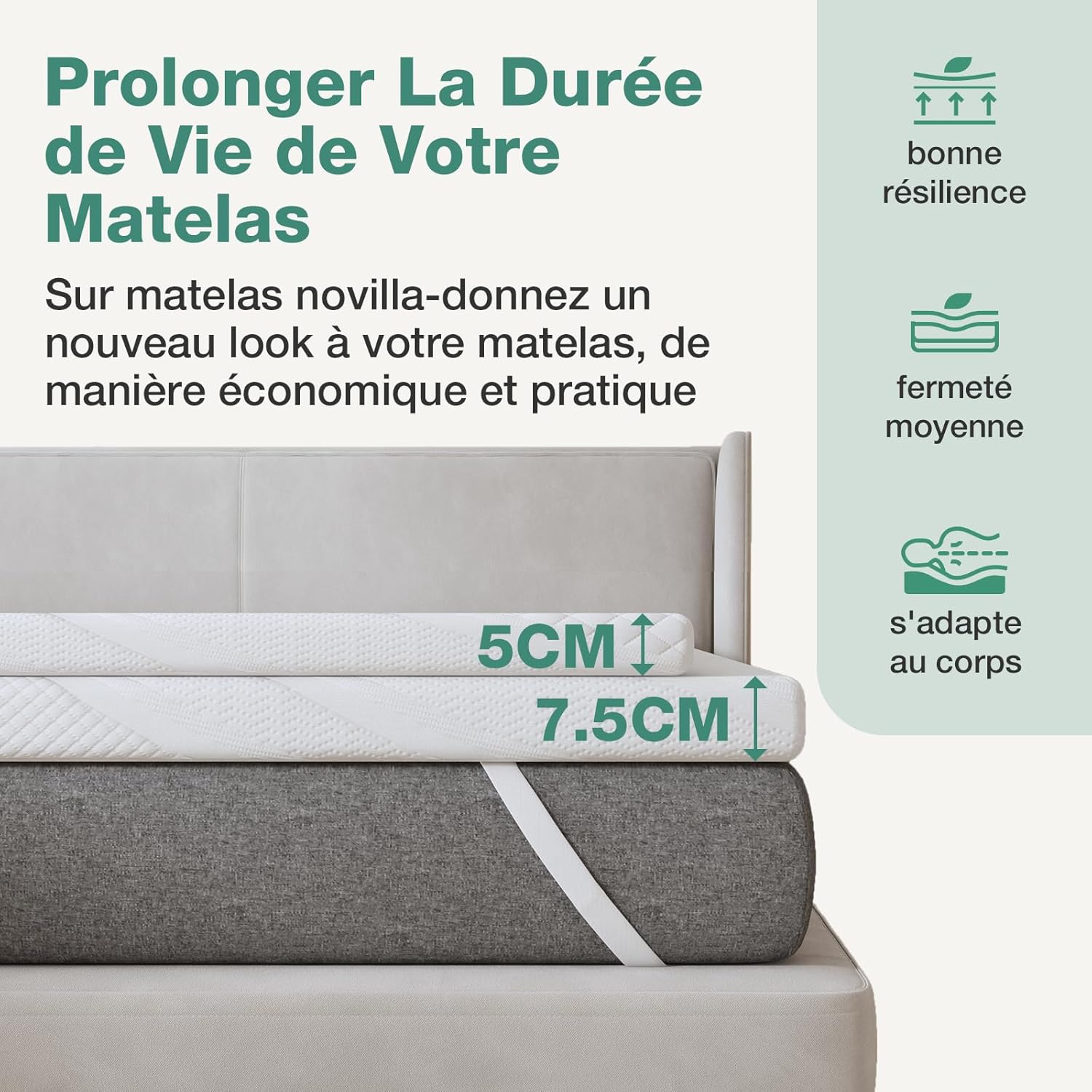 Novilla - surmatelas 7,5cm 150x190 - mémoire de forme, gel, antidérapant, lavable