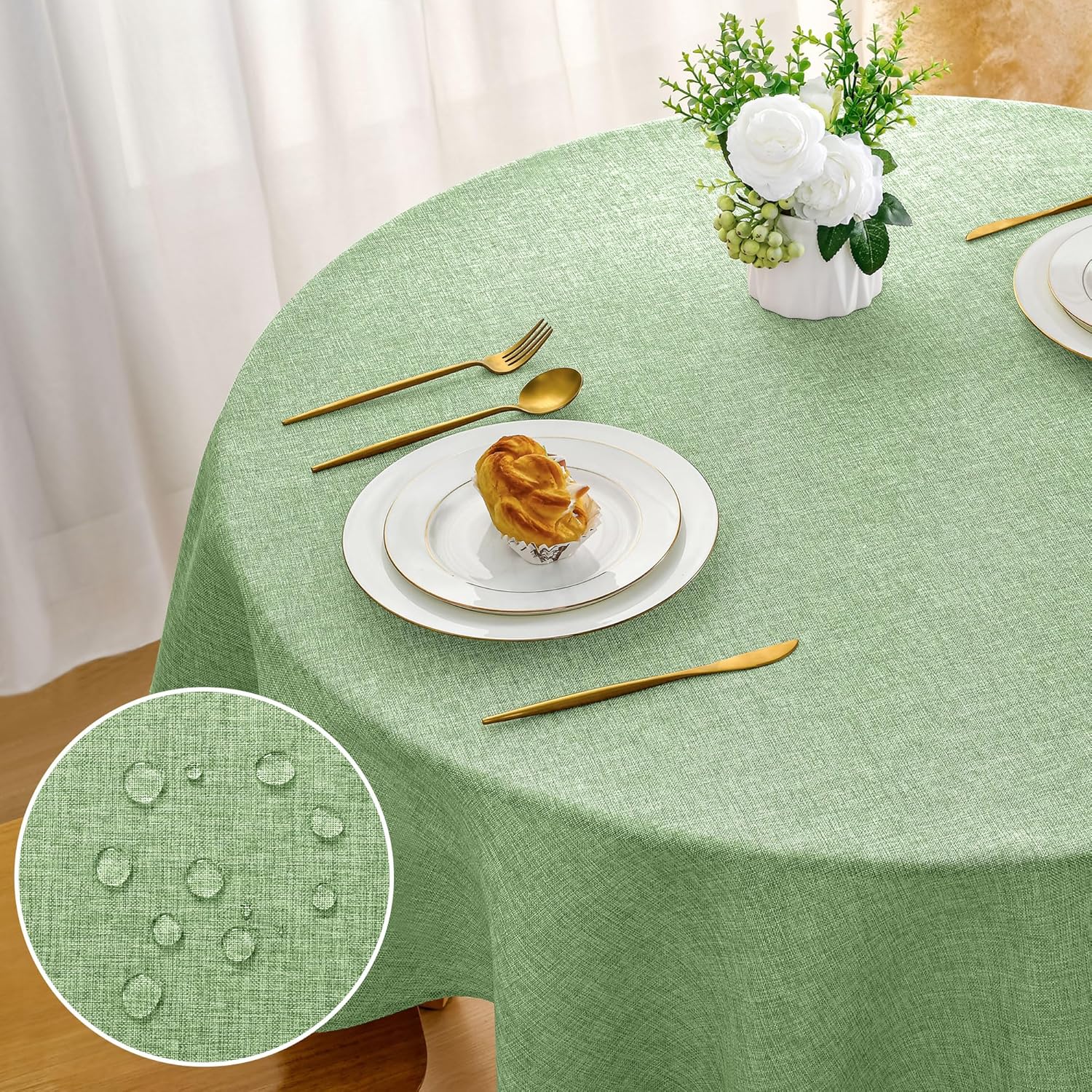 DWCN - nappe ronde effet lin - 180 cm - lavable, imperméable, vert clair