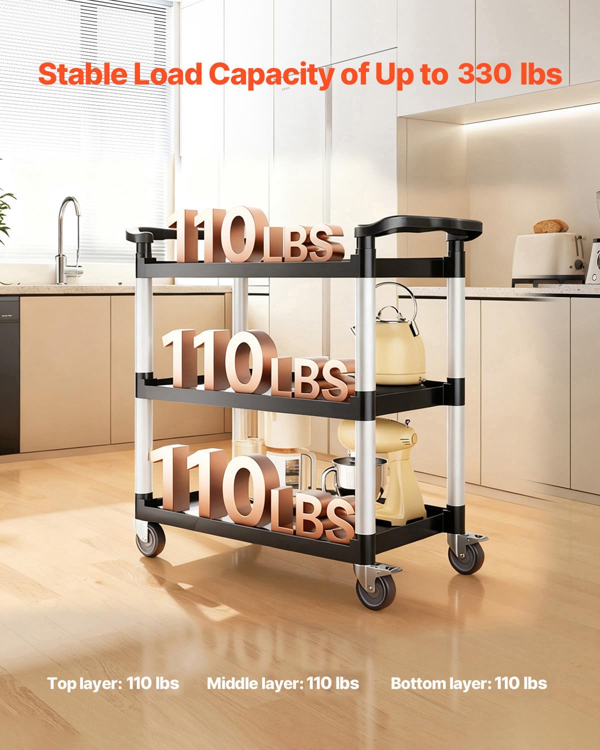 VEVOR - chariot de service 3 niveaux 1060x490x980mm, roulettes pivotantes