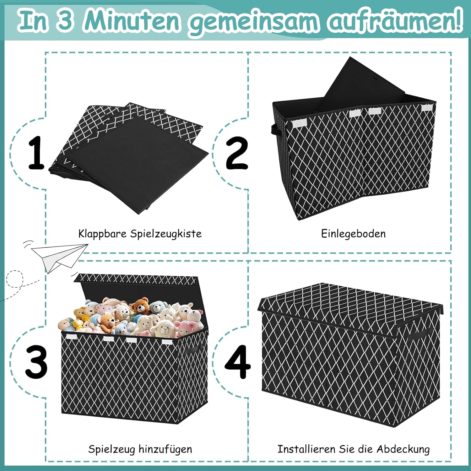 Boîte à jouets - coffre motif carreaux noirs, poignées, couvercle, rangement chambre enfant