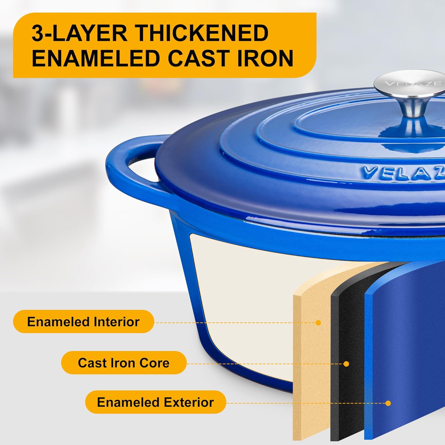 Velaze - Cocotte fonte émaillée série Ovale 7L 34cm, induction, antiadhésive, bleue