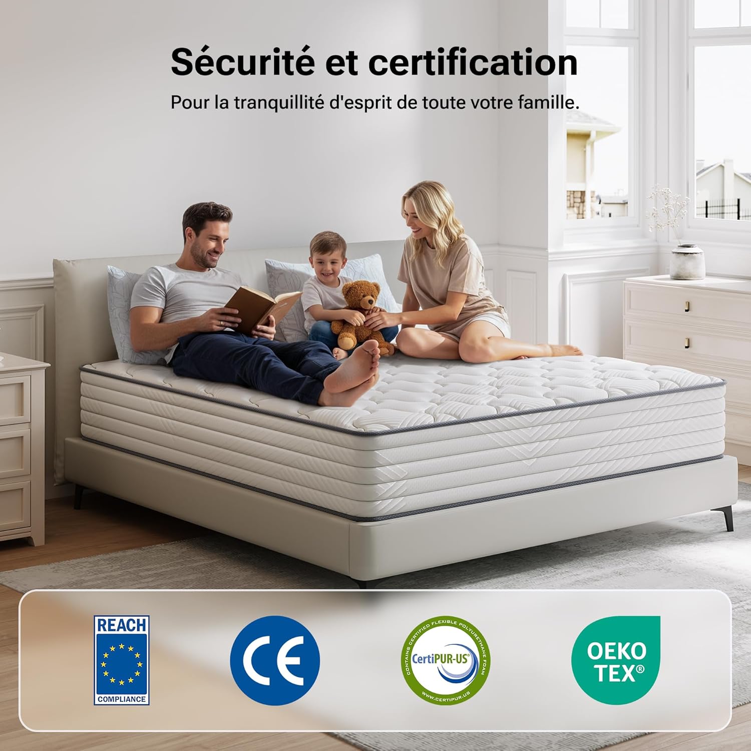 TXO - Matelas hybride 140x190 cm, 25 cm, soutien 7 zones, H3, Oeko-Tex