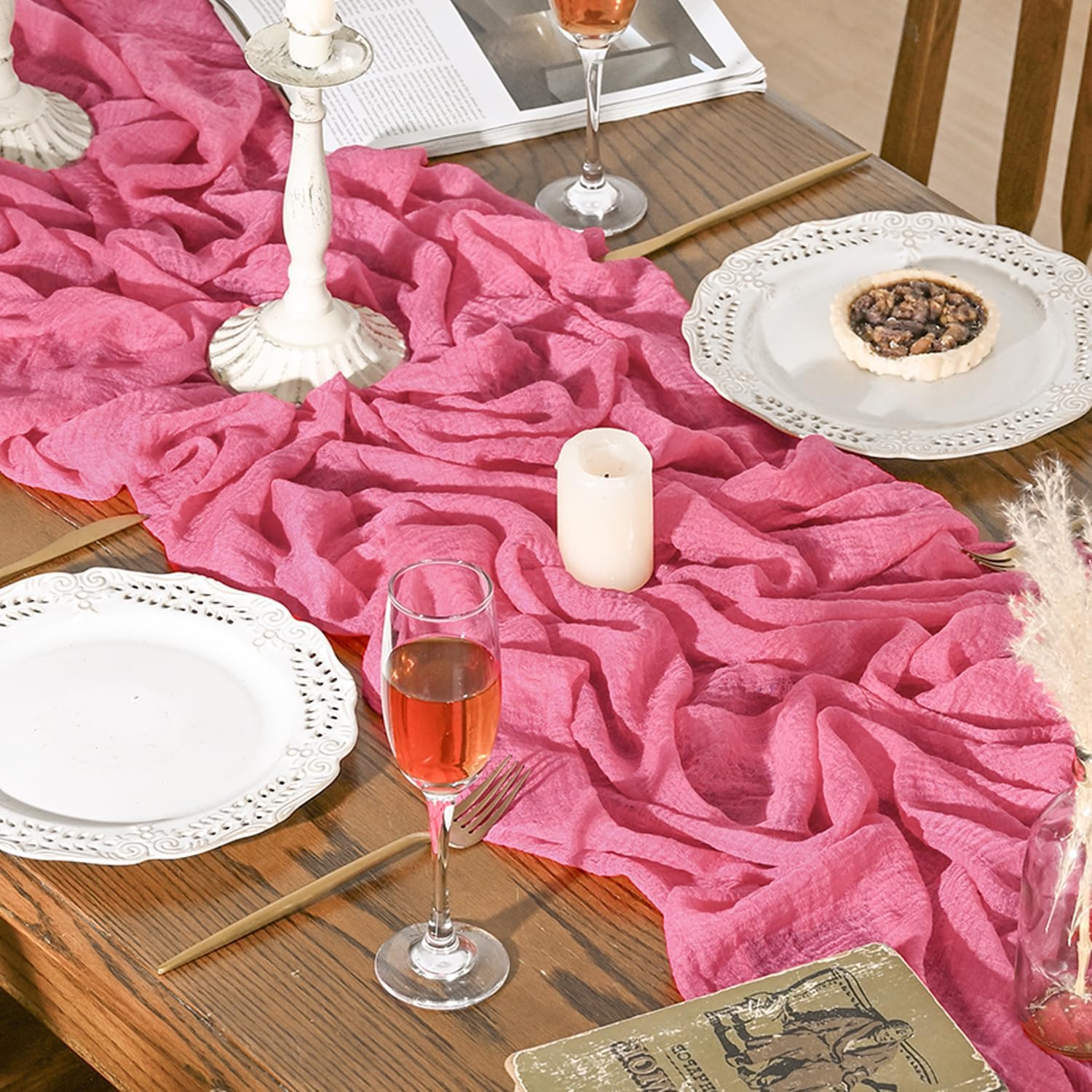 Artoid Mode - Chemin de table bohême gaze mousseline 300cm - rouge rose, décoration mariage et fêtes