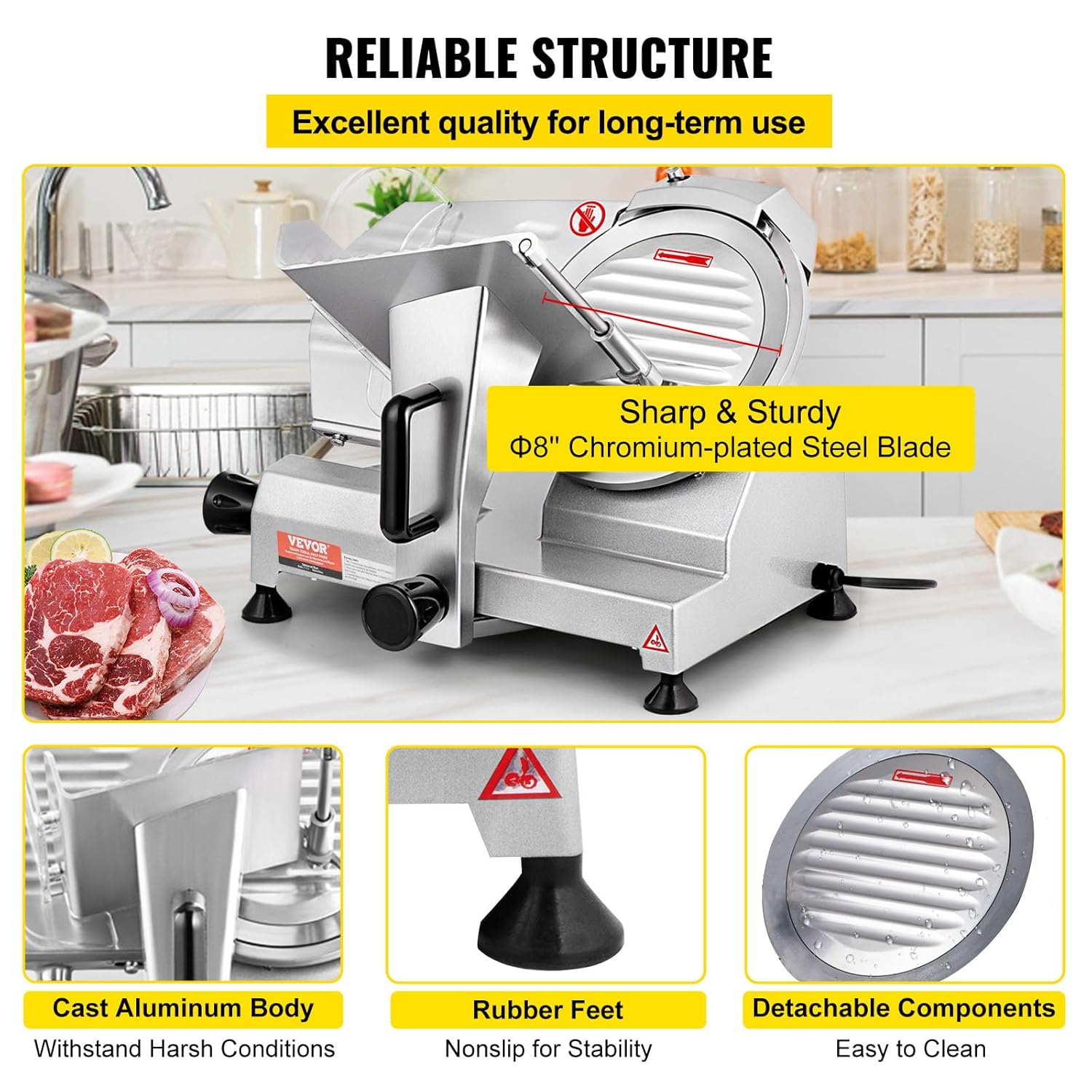 VEVOR - Trancheuse électrique 200 W, lame 203 mm, inox/aluminium, 350-400 tr/min