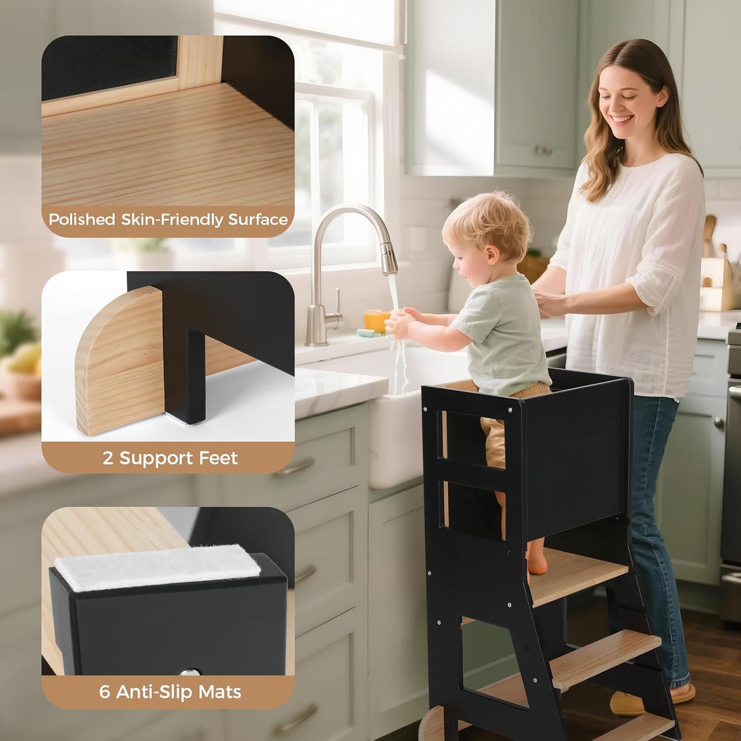 KIDINIX - Tour d'apprentissage réglable, bois/noir, anti-basculement, tableau