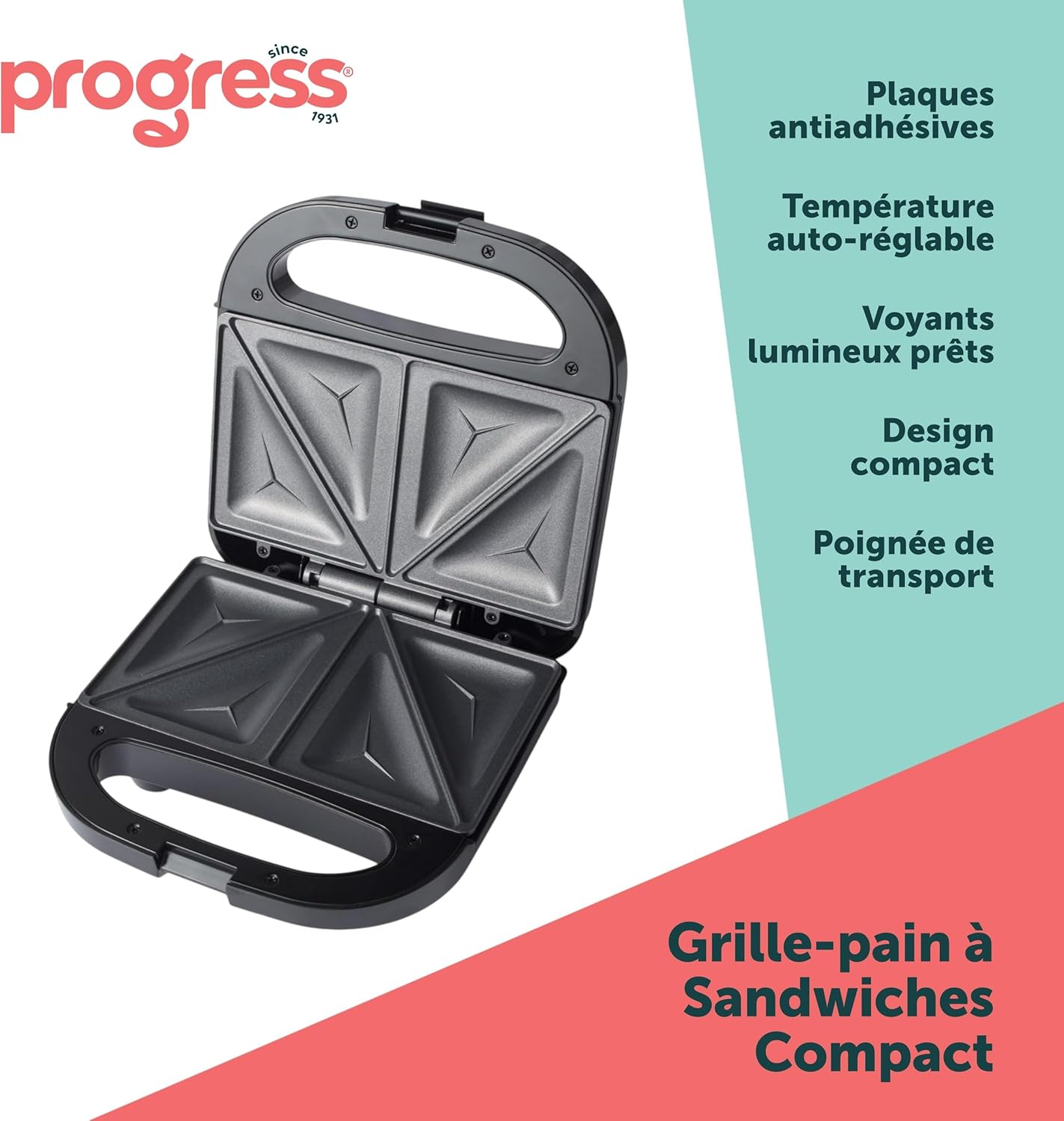 Progress - Croque-monsieur 750W - 2 tranches - plaques antiadhésives