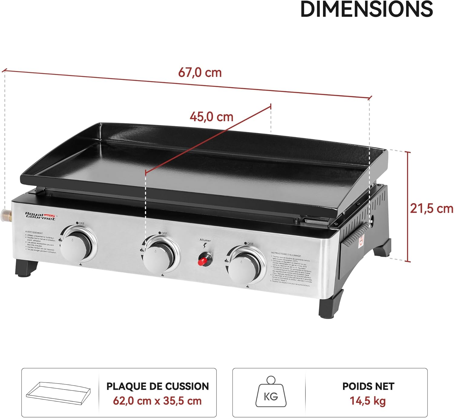 Royal Gourmet - Plancha gaz 3 brûleurs - 62x35,5 cm - 7,5kW, portable