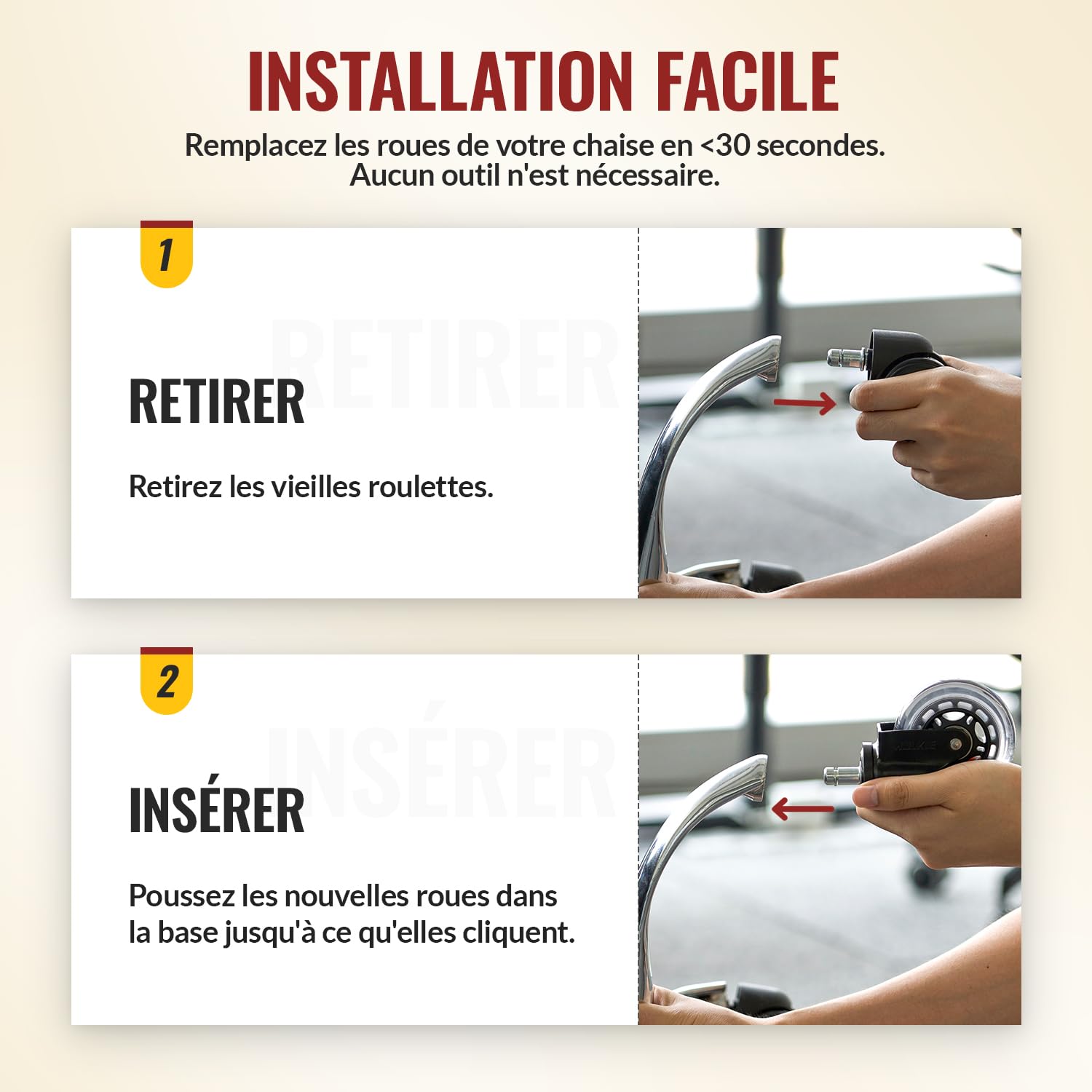 HOLKIE - roulettes chaise bureau - 11x22mm - caoutchouc, lot de 5, sols durs/tapis