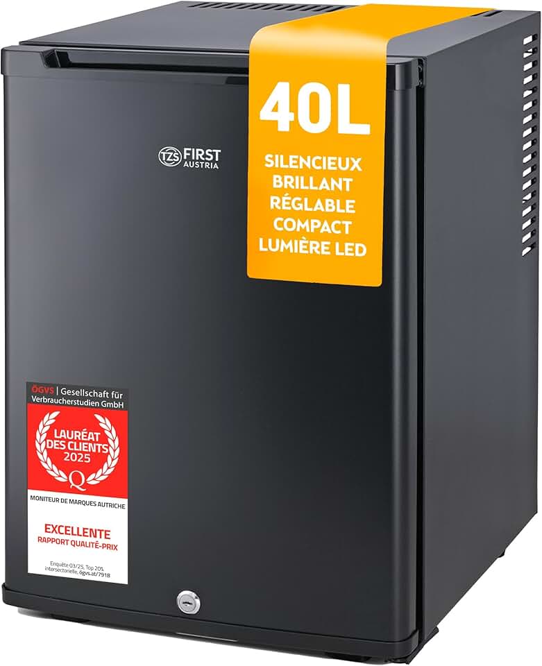TZS First Austria - Mini frigo 40L - silencieux, porte réversible, lumière intérieure