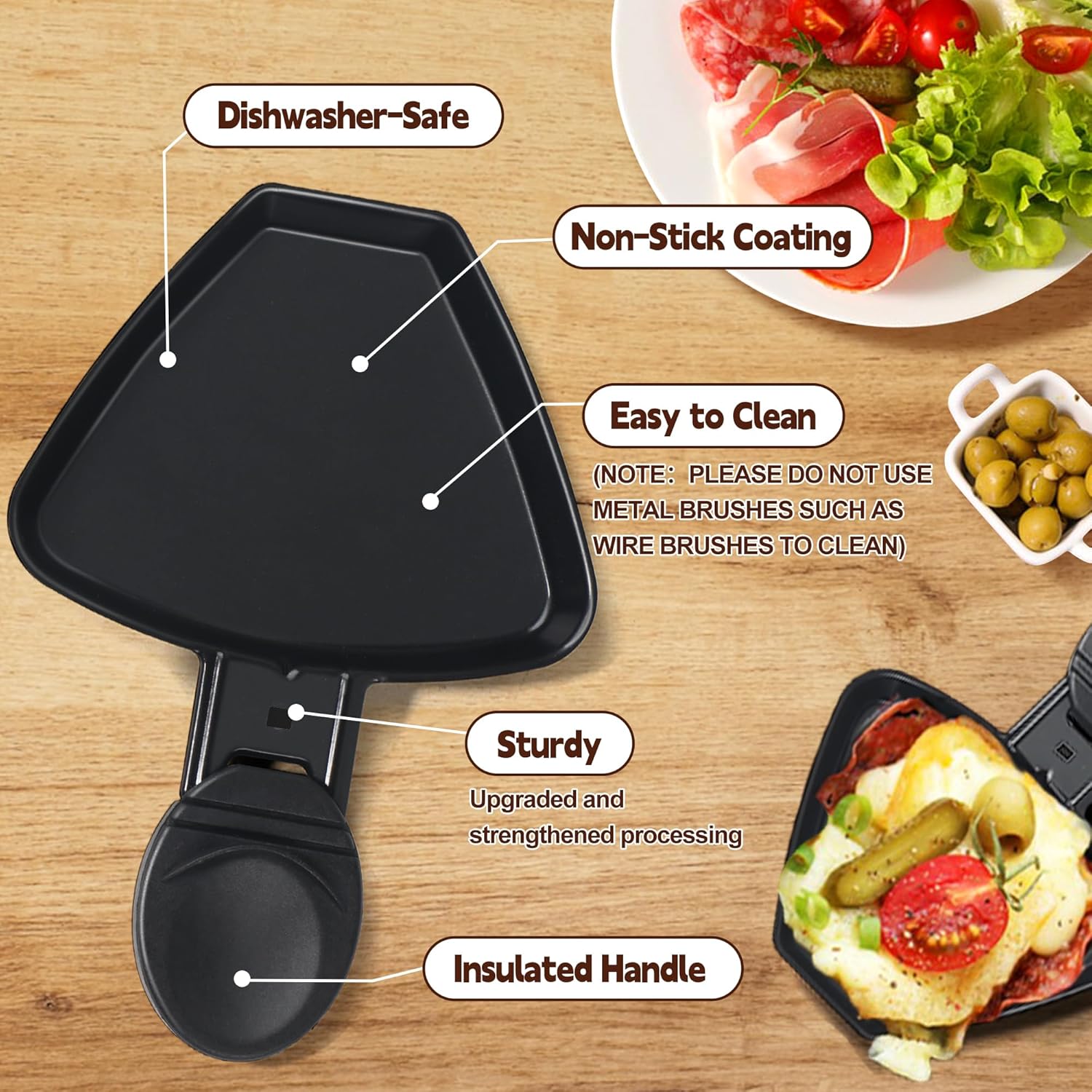 Poêlon raclette - mini 4pcs - fonte, antiadhésif, spatules bois, noir HengBO