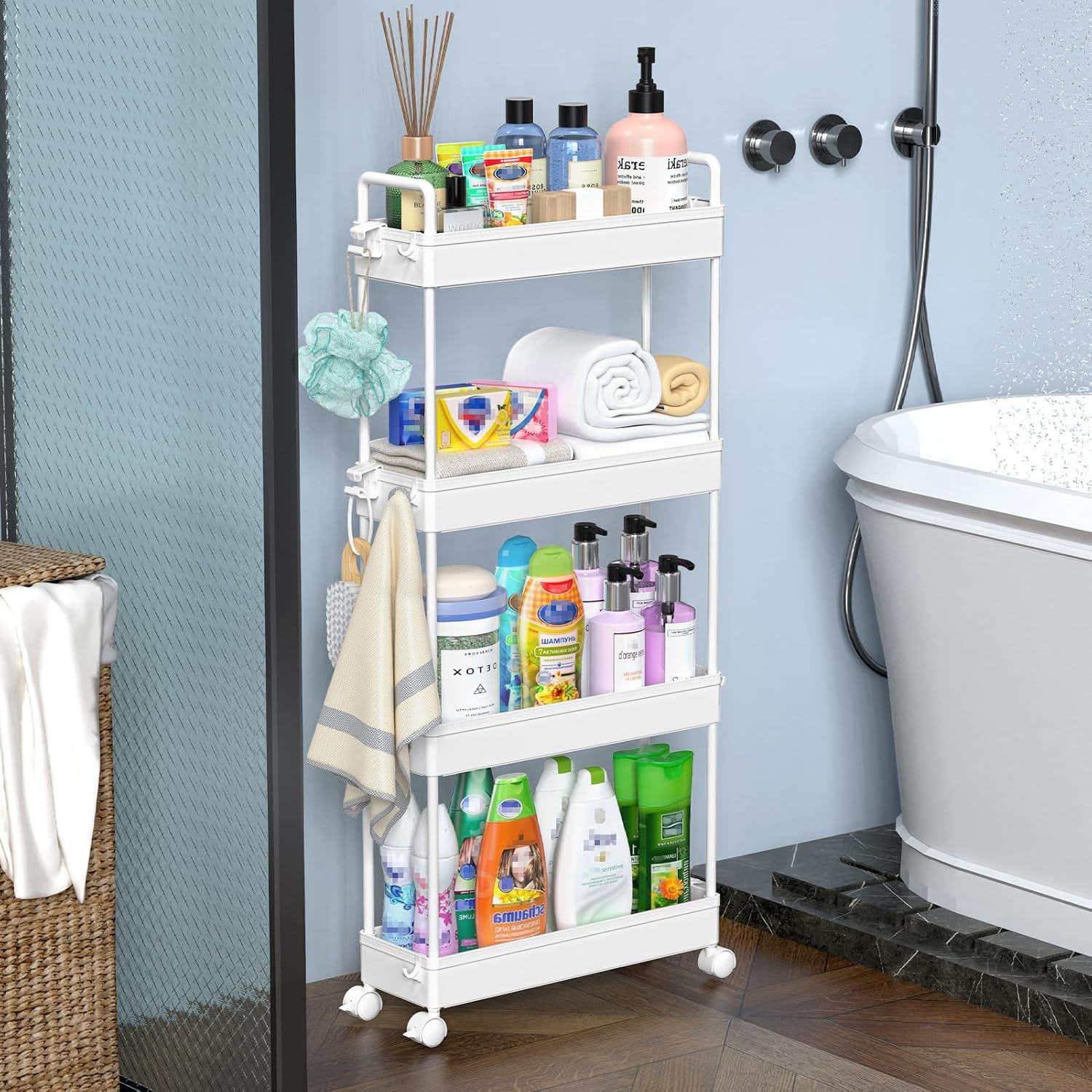 SOLEJAZZ - Chariot de rangement 4 étagères, plastique, étroit, mobile, blanc