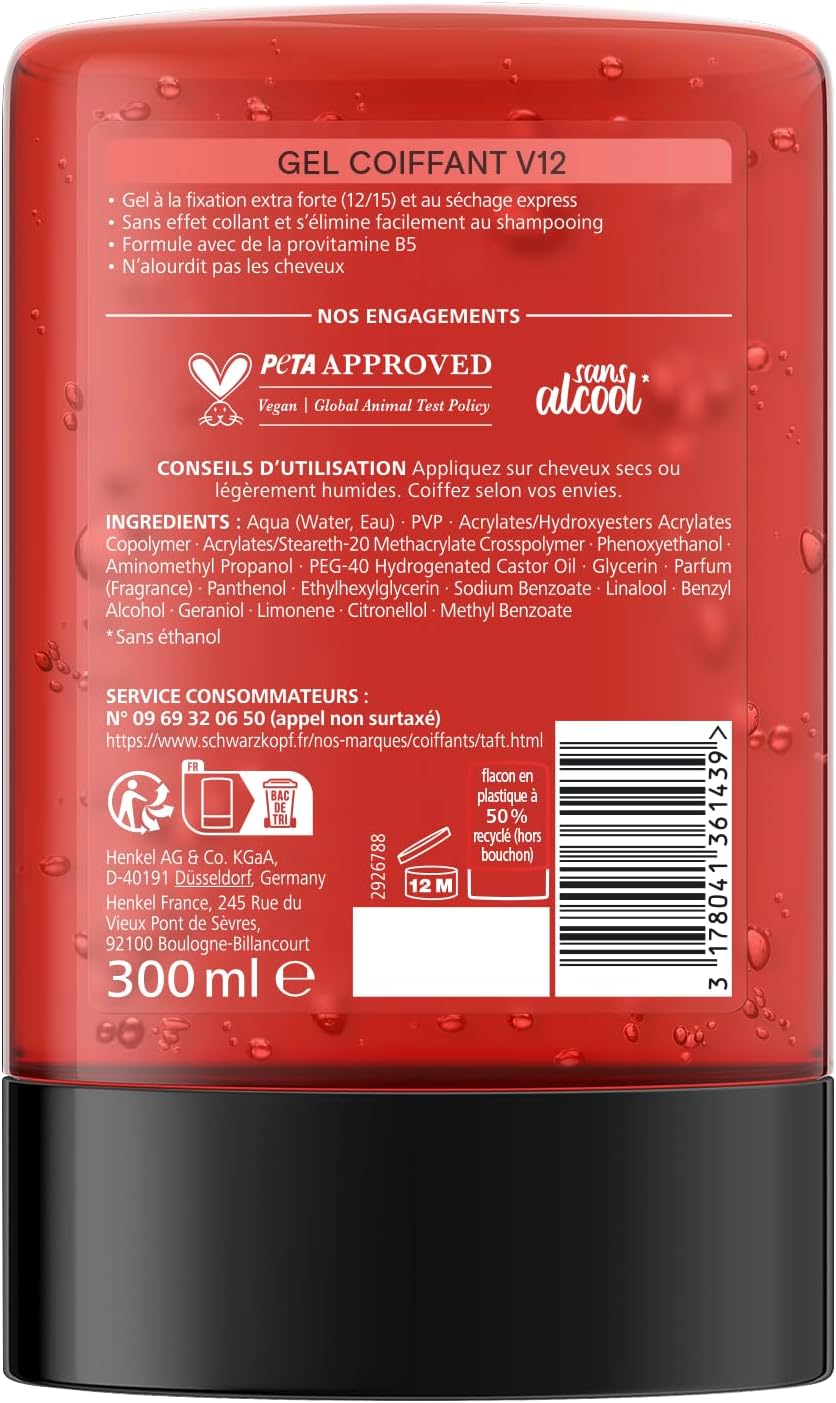 Schwarzkopf - Taft V12 - gel coiffant 250ml - fixation forte, séchage rapide