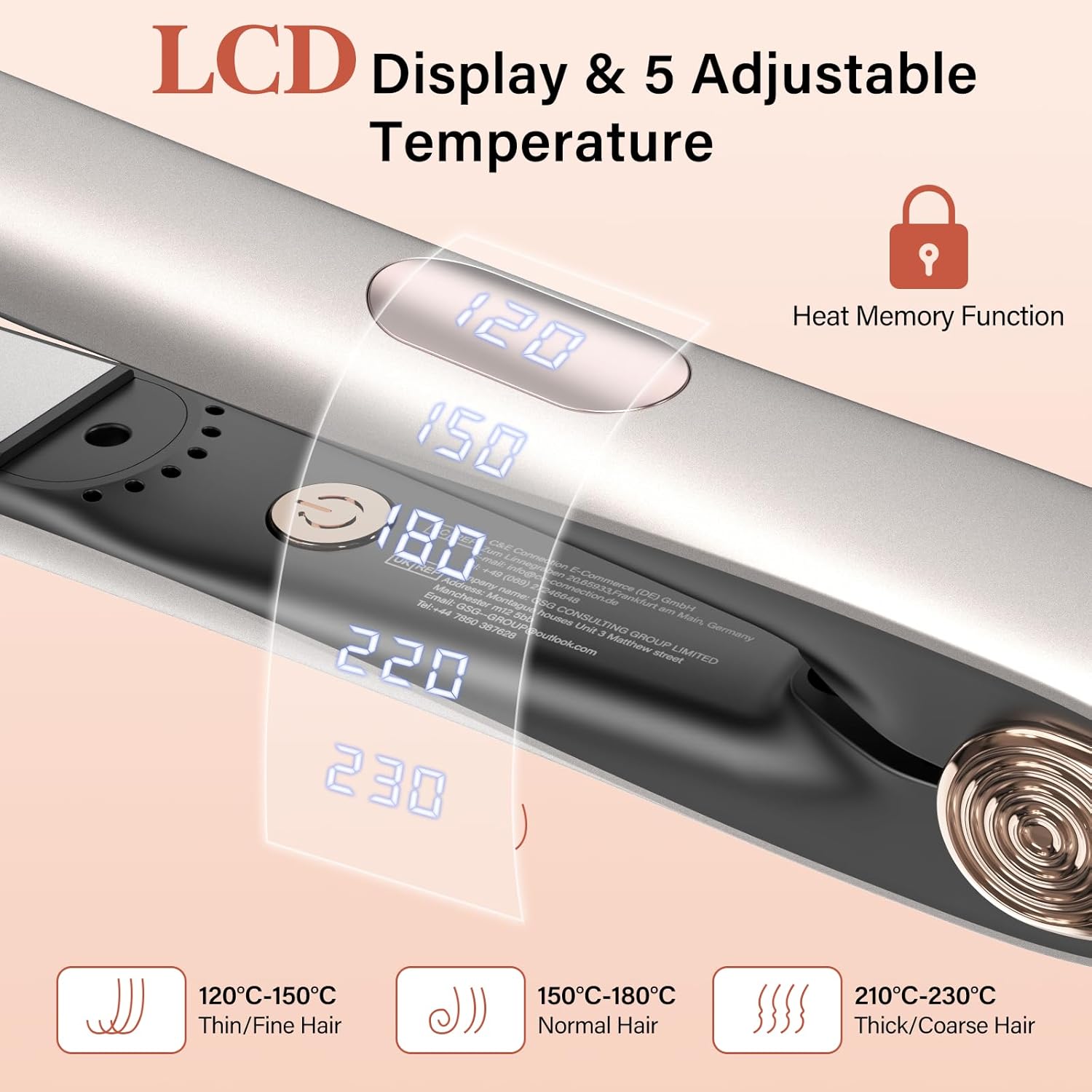 Fer à lisser - réglable, céramique, chauffage rapide, or foncé