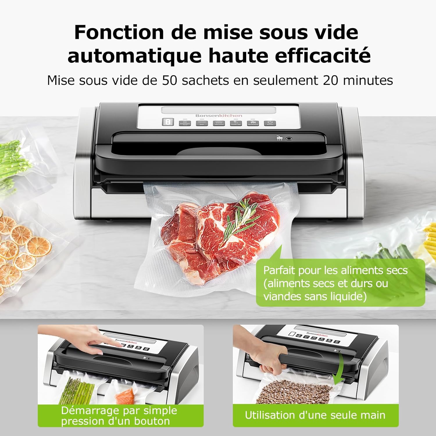 Bonsenkitchen - Machine sous vide série Globefish - compacte, silencieuse, poignée verrouillée, cutter intégré