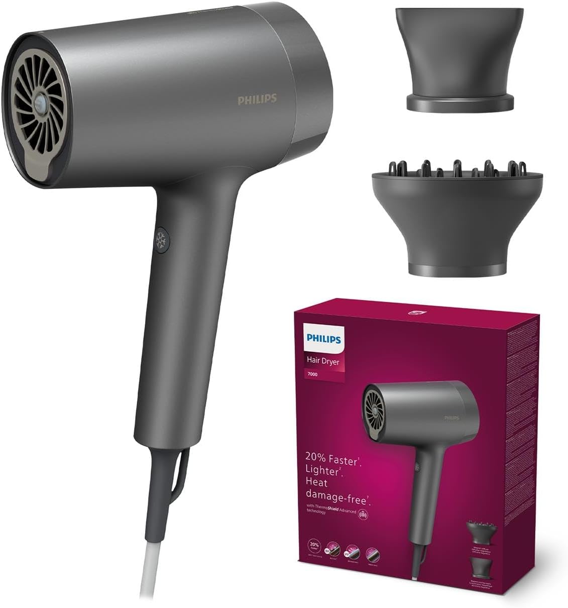 Philips - Sèche-cheveux Série 7000 - technologie ThermoShield, ions minéraux, embouts concentrateur et diffuseur - BHD71