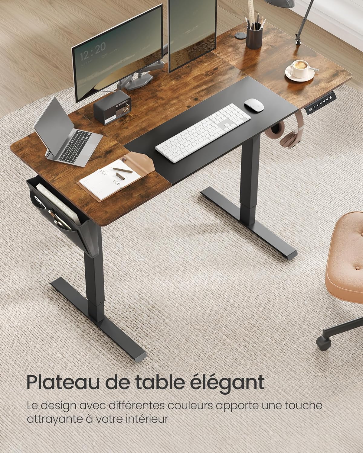 SONGMICS - bureau électrique réglable - 140x60 cm - mémoire 4 hauteurs, marron rustique/noir - LSD016X01