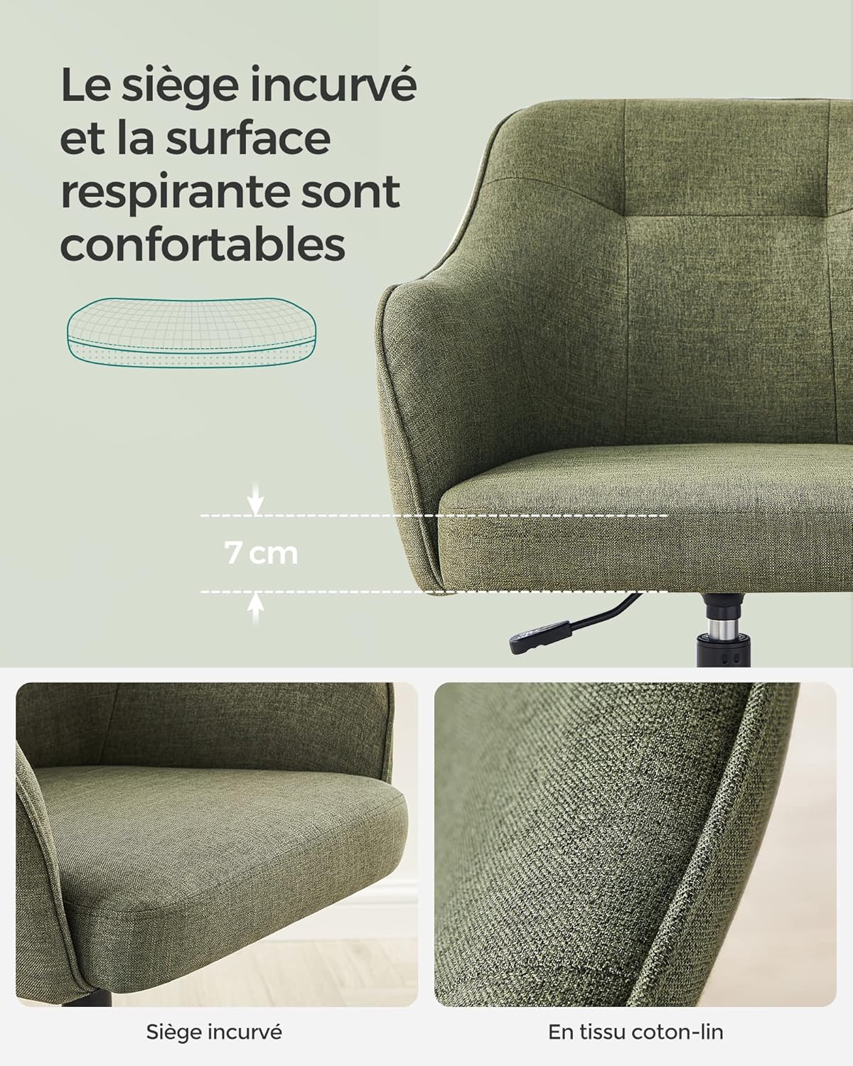SONGMICS - fauteuil ergonomique - tissu coton-lin - acier, 110kg, réglable - OBG019C01