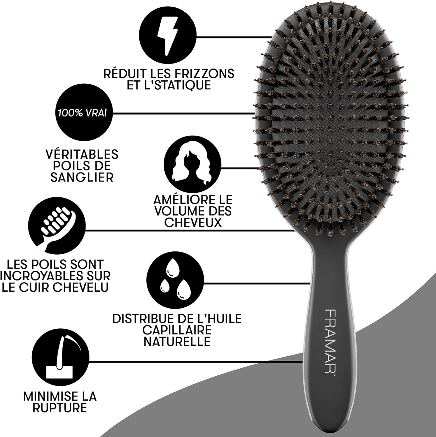 FRAMAR - Brosse poils de sanglier - souple, naturelle, volume, brillance