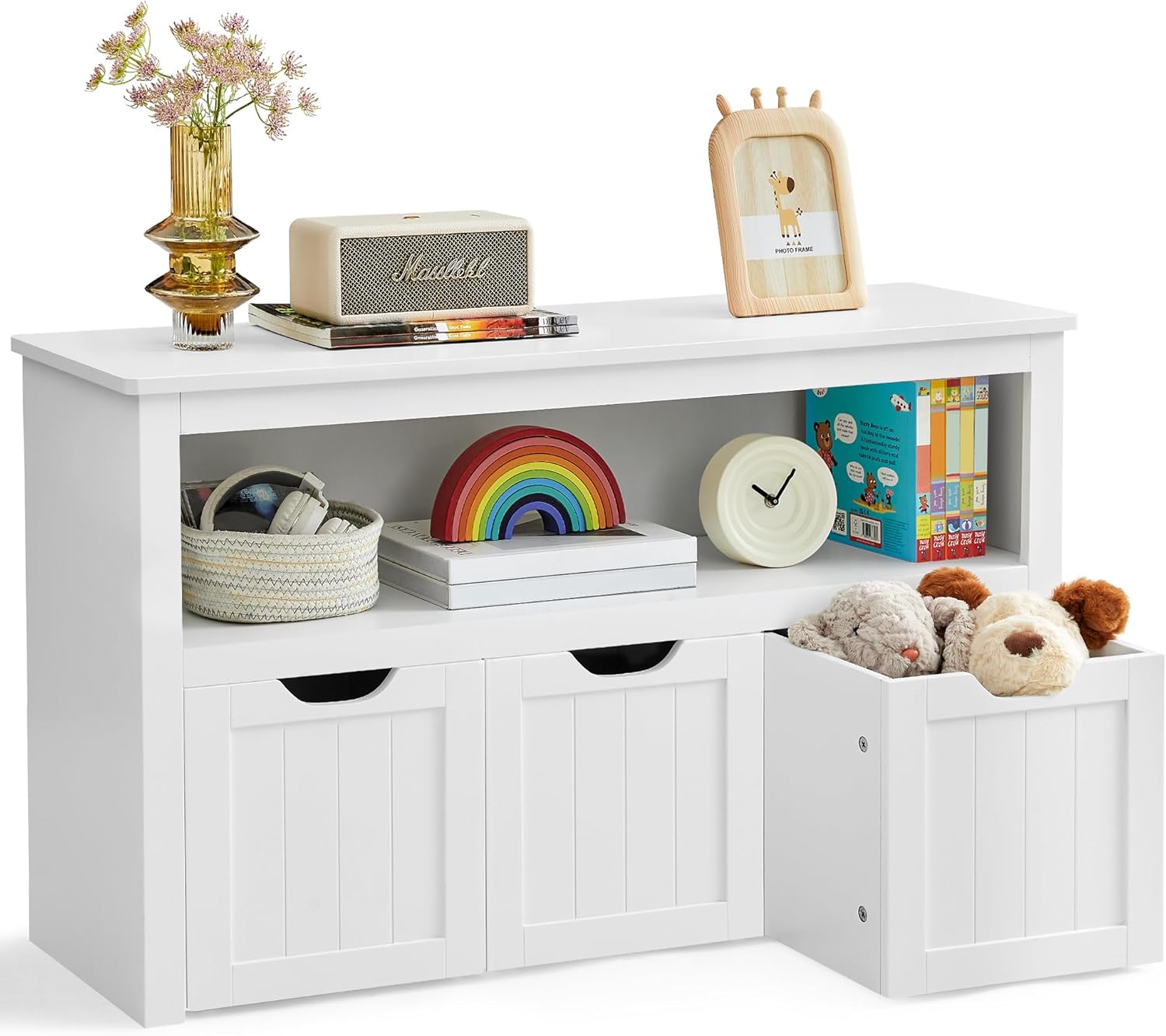 VASAGLE - meuble de rangement enfant - 30x102x60 cm - 3 bacs à roulettes, armoire blanche LHS380W01