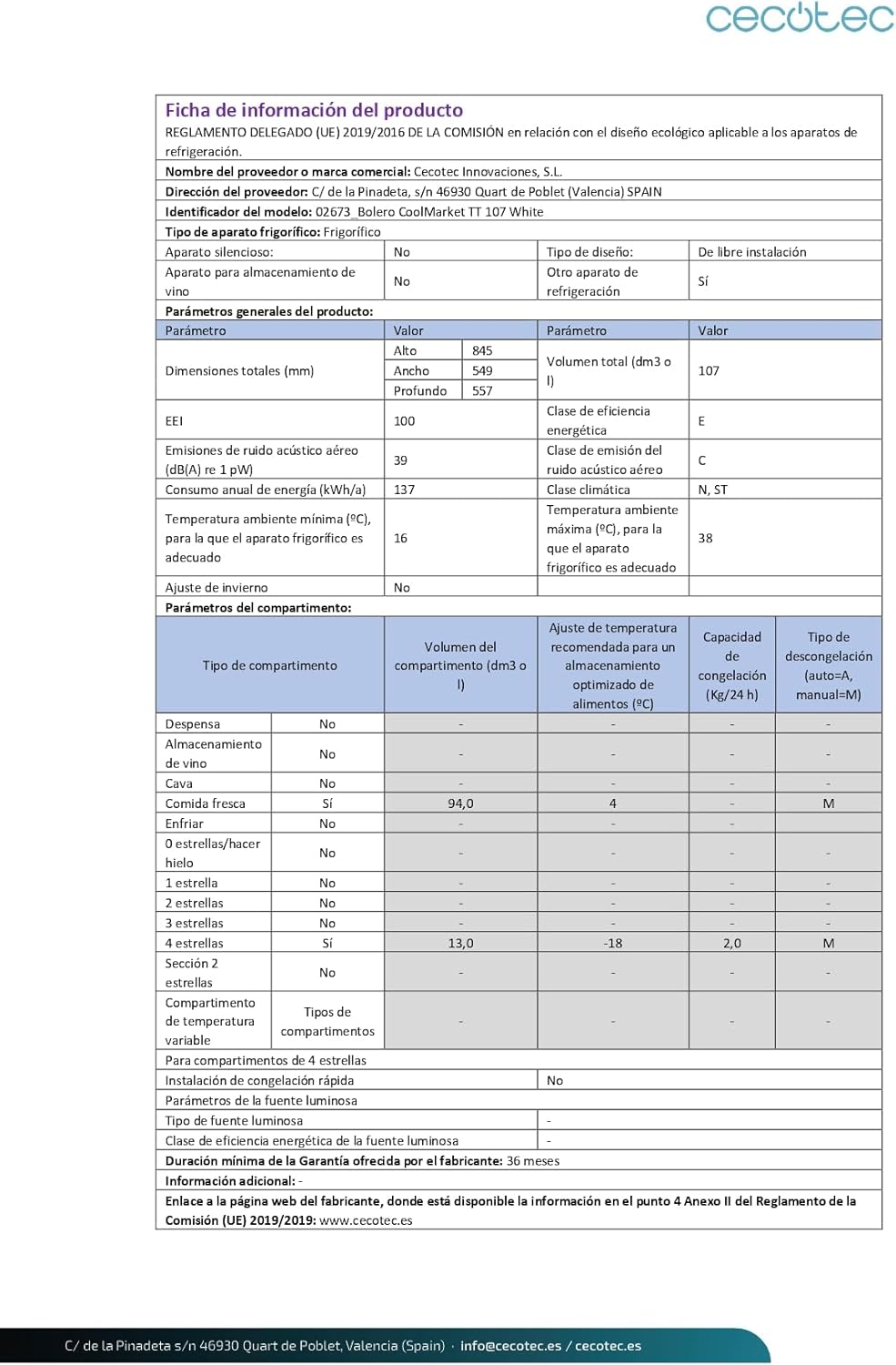 Cecotec - Mini réfrigérateur compact 107L, porte réversible, silencieux, TT 107