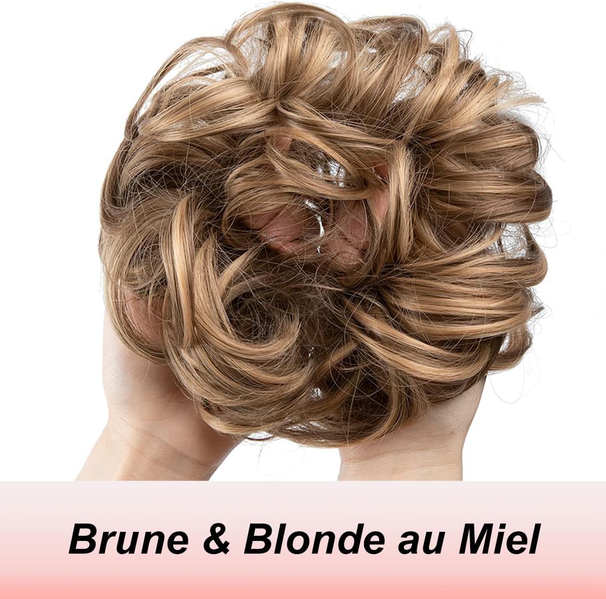 JJstar - Chignon postiche bouclé, élastique, brun & blond miel
