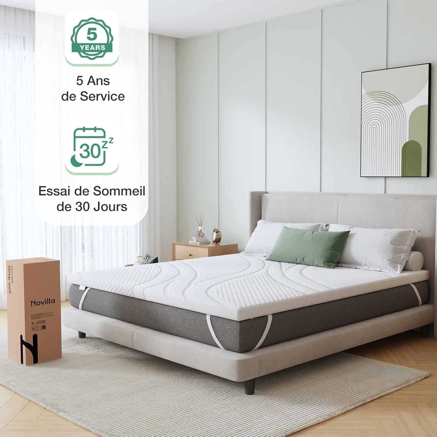 Novilla - surmatelas 135x190 - mousse mémoire gel, doux, antidérapant, lavable