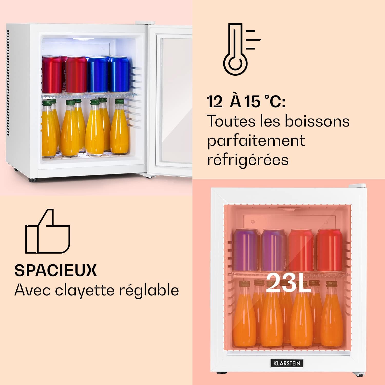 Klarstein - Brooklyn - mini frigo 23L, porte vitrée, 12-18°C, silencieux