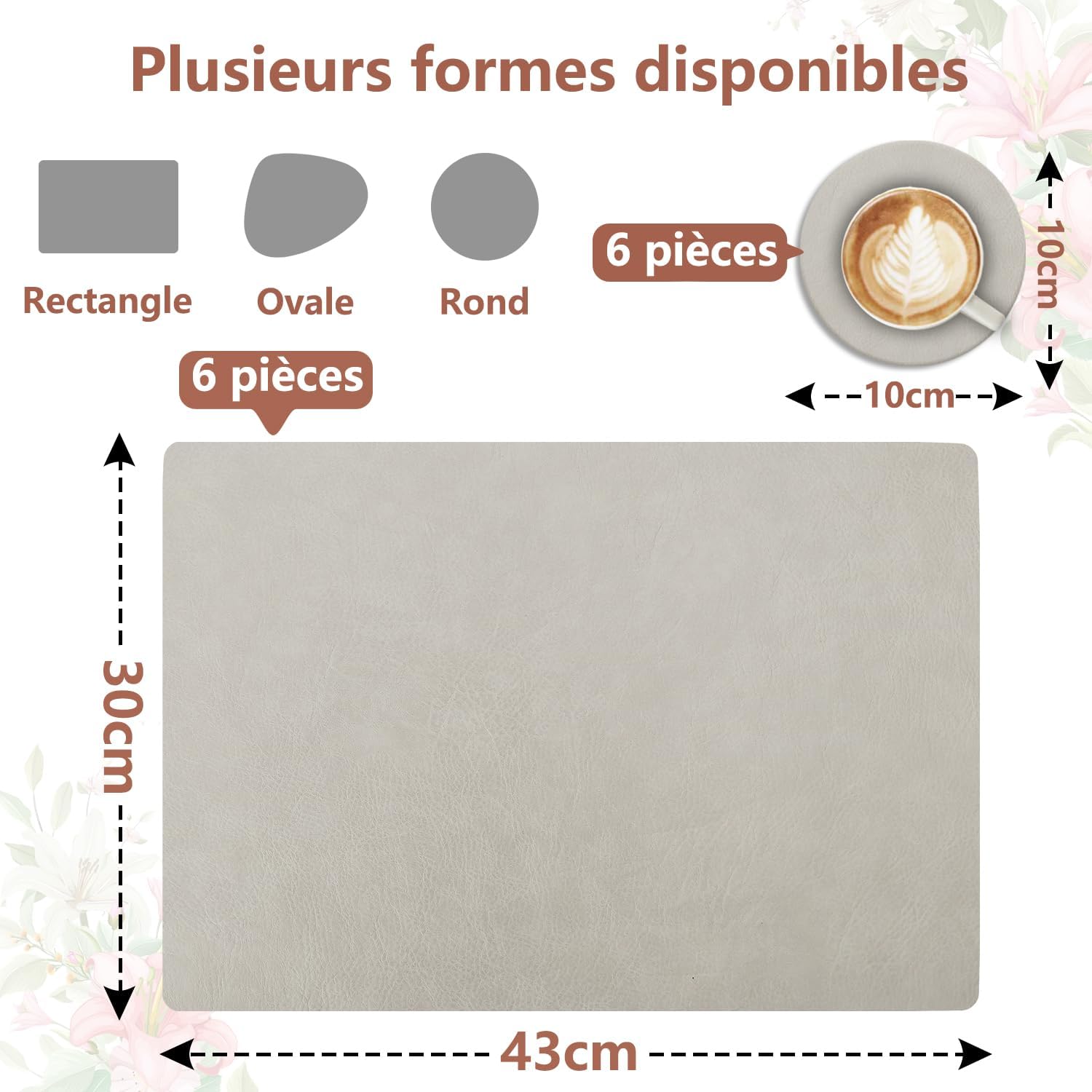 Set de table - lot de 6, 43x30cm, lavables, antidérapants, PU double face