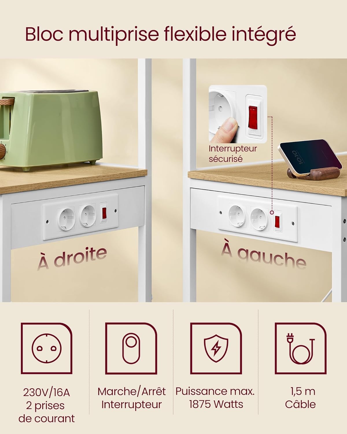 VASAGLE - support micro-ondes 40x60x140cm, 4 niveaux, multiprise, KKS014Y02