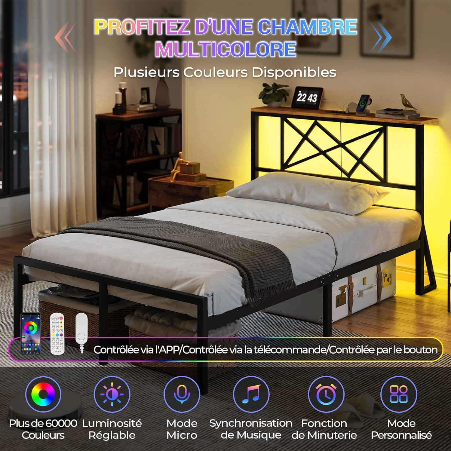 DICTAC - Lit métal LED, 90x200 cm, tête LED, ports USB, rangement