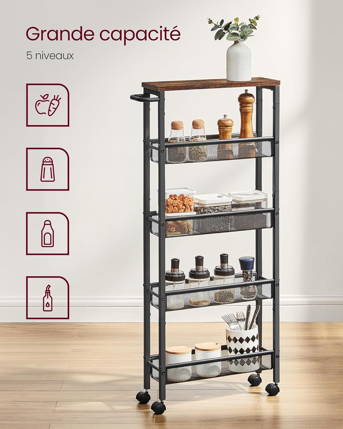 VASAGLE - desserte 5 niveaux - 13x45,4x99,6cm - roulettes, acier, poignée, LRC034B01