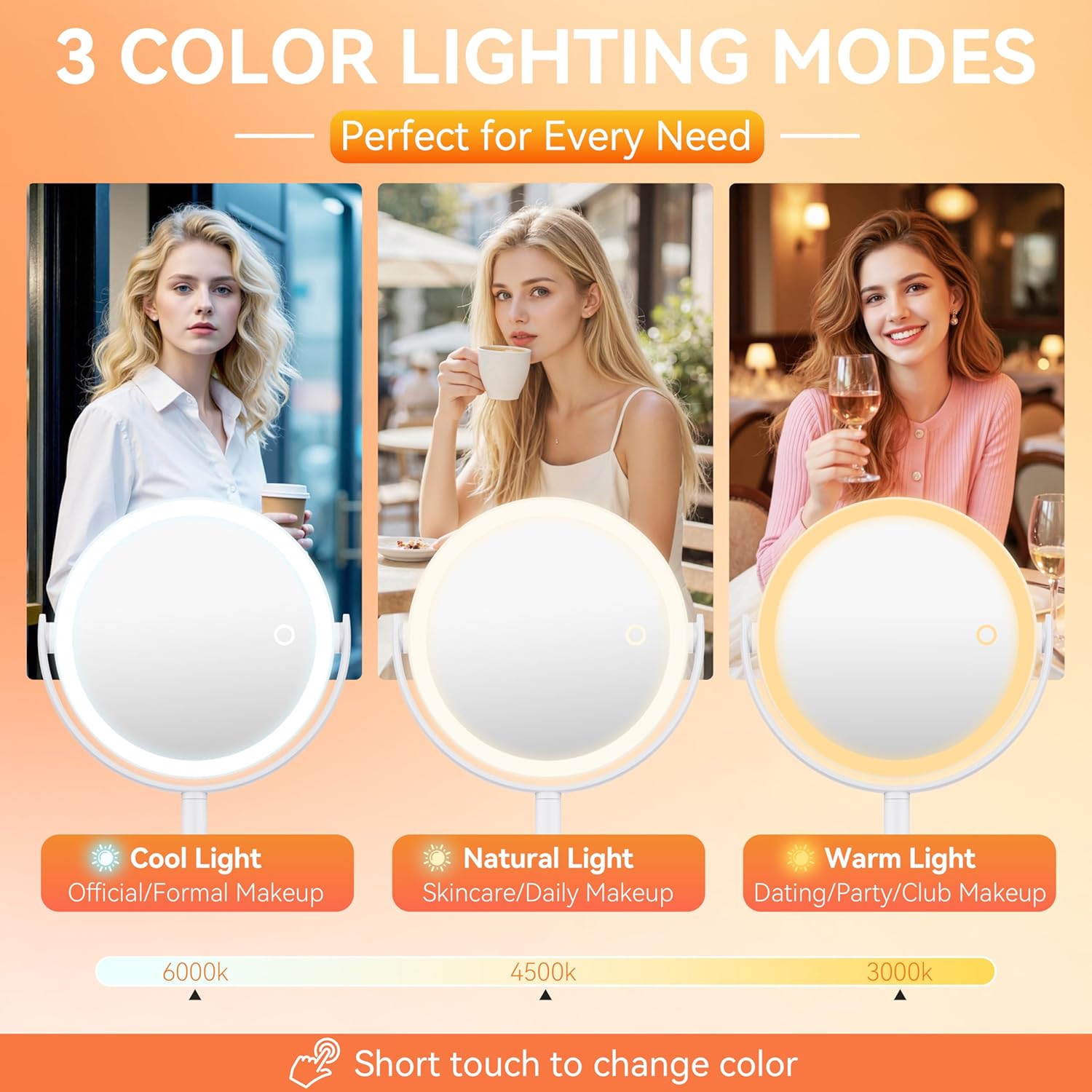 Auxmir - miroir de maquillage LED 30X/1X, 3 couleurs, rotation 360°, tactile