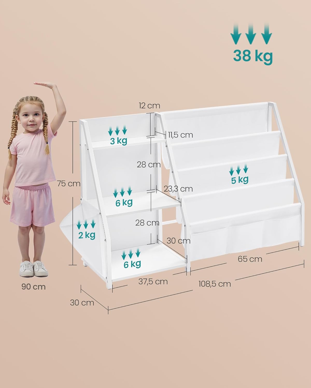 SONGMICS - meuble bibliothèque enfant - 75 cm - rangement jouets, étagères, pochette latérale - GKR024W01