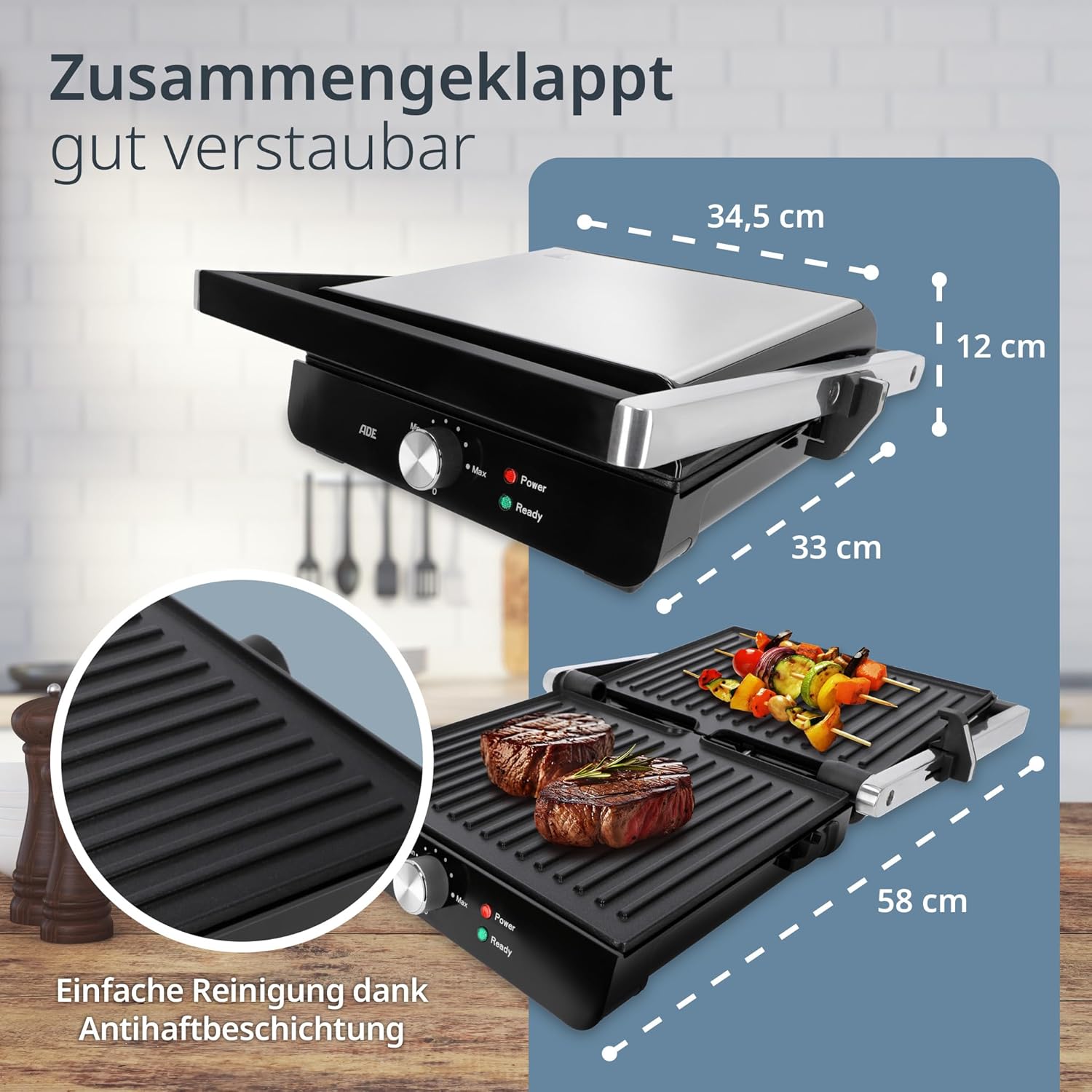 ADE - Barbecue électrique 3 en 1 XXL, plaques antiadhésives, 2.000 W