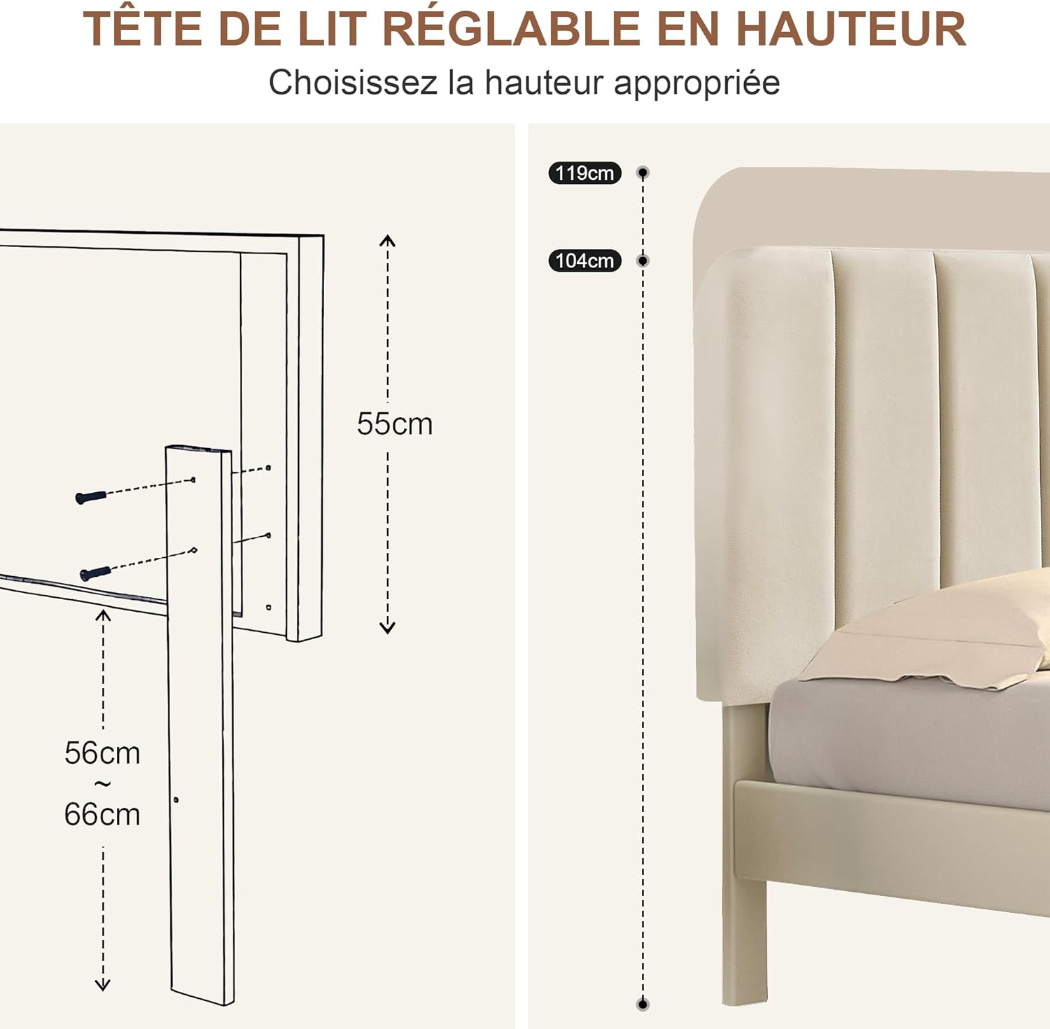 VECELO - lit double rembourré - 140x190 cm - lattes bois, velours, beige