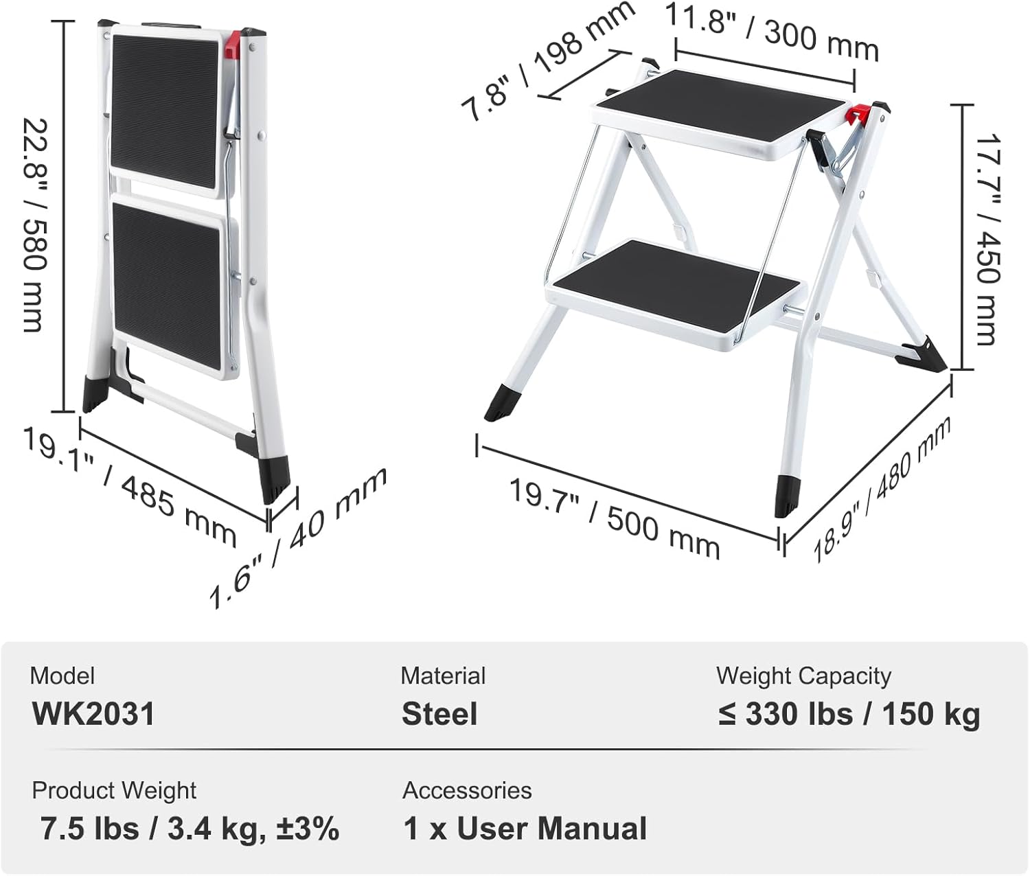 VEVOR - escabeau 2 marches - acier, 150kg - surface antidérapante, pliable