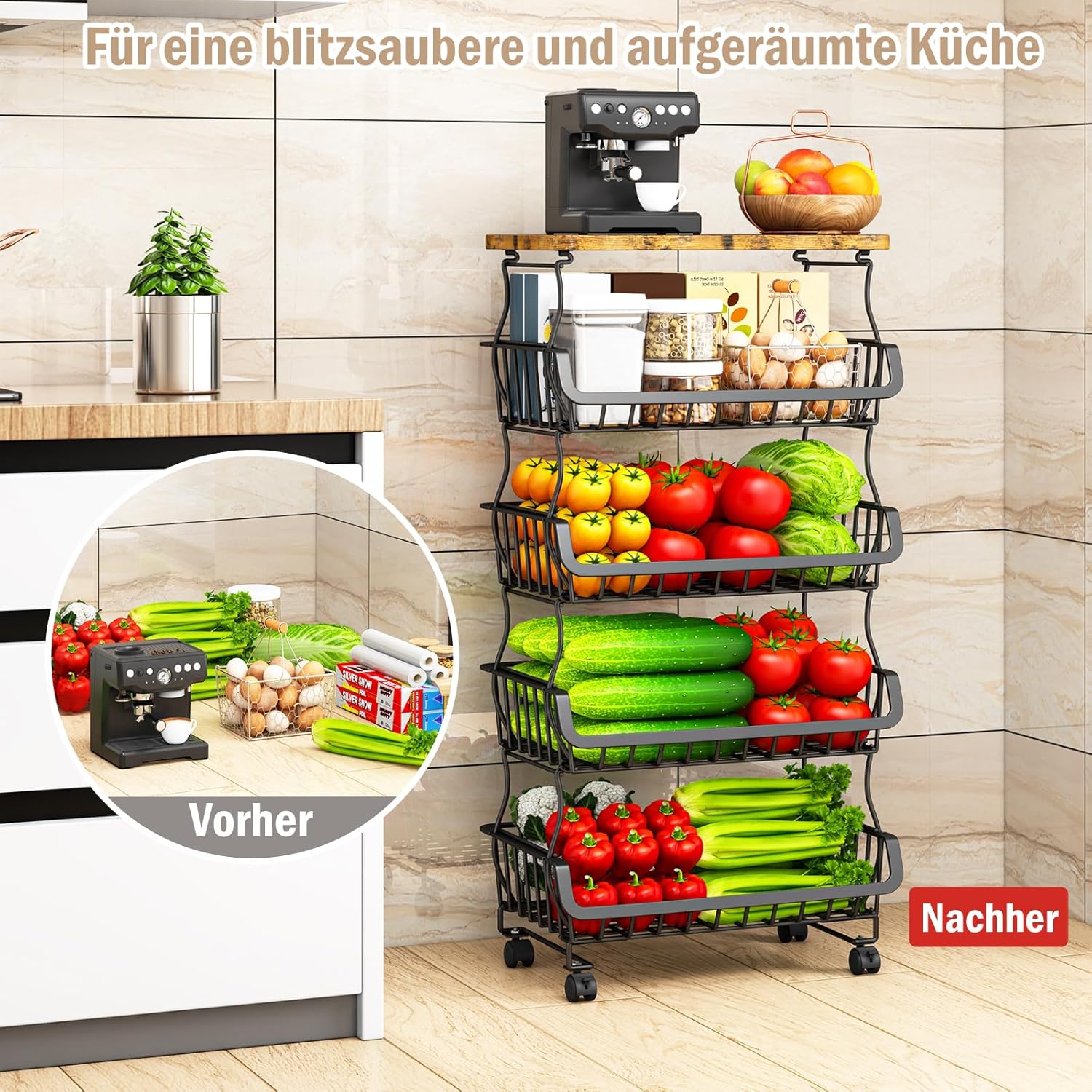 Organisateur cellier 5 niveaux - rangement roulettes - cuisine/bain -