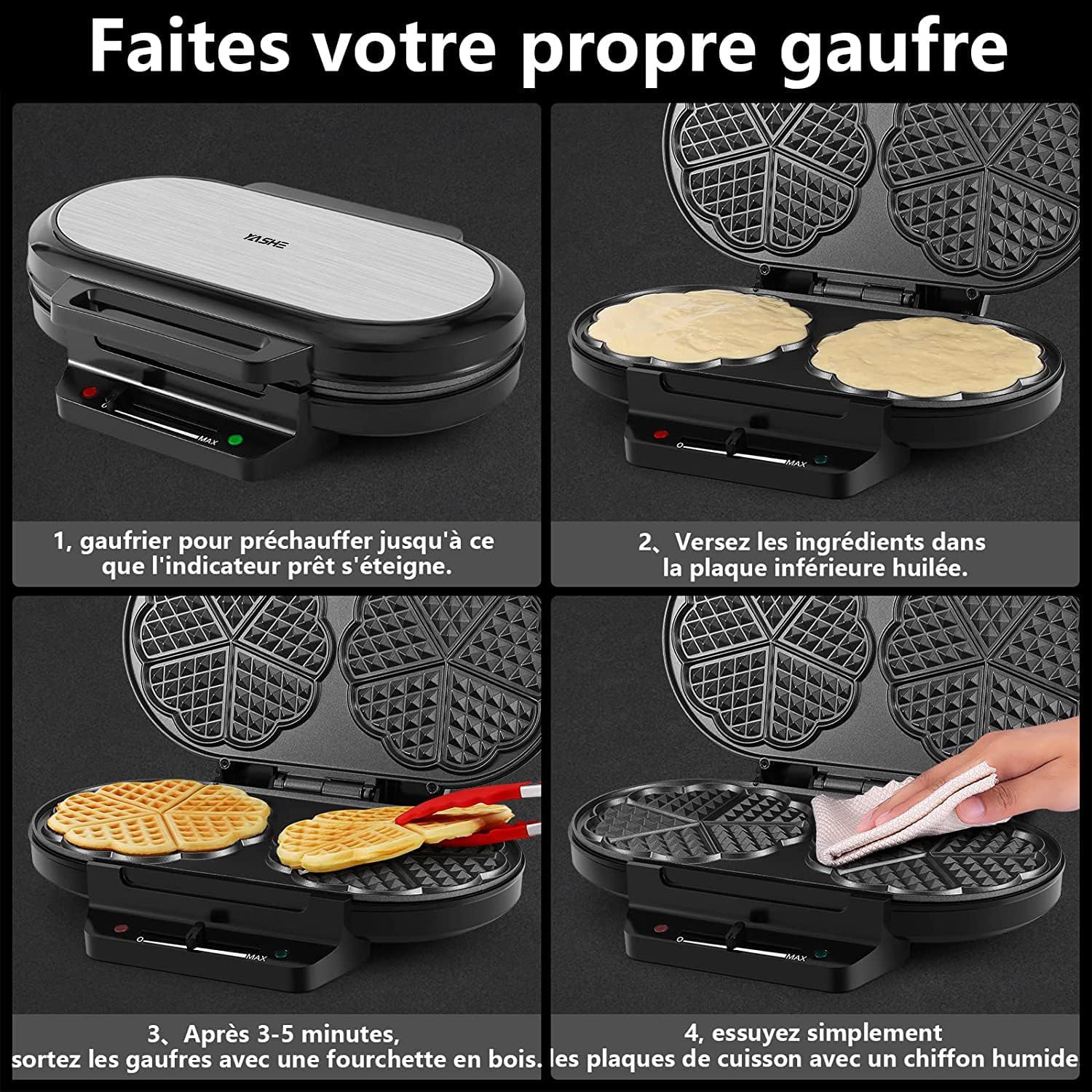 YASHE - Machine à gaufres cœur - 1200W, 5 températures, antiadhésif, argent/noir