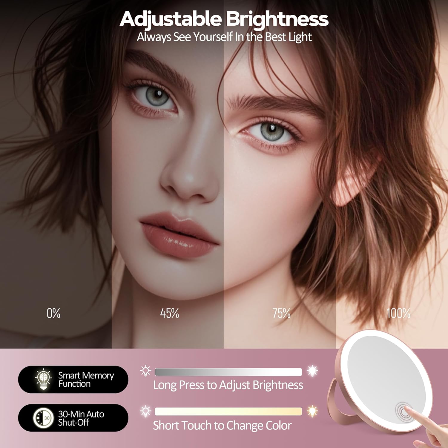 Miroir grossissant - 30x, éclairage LED, ventouse, or rose, maquillage précision