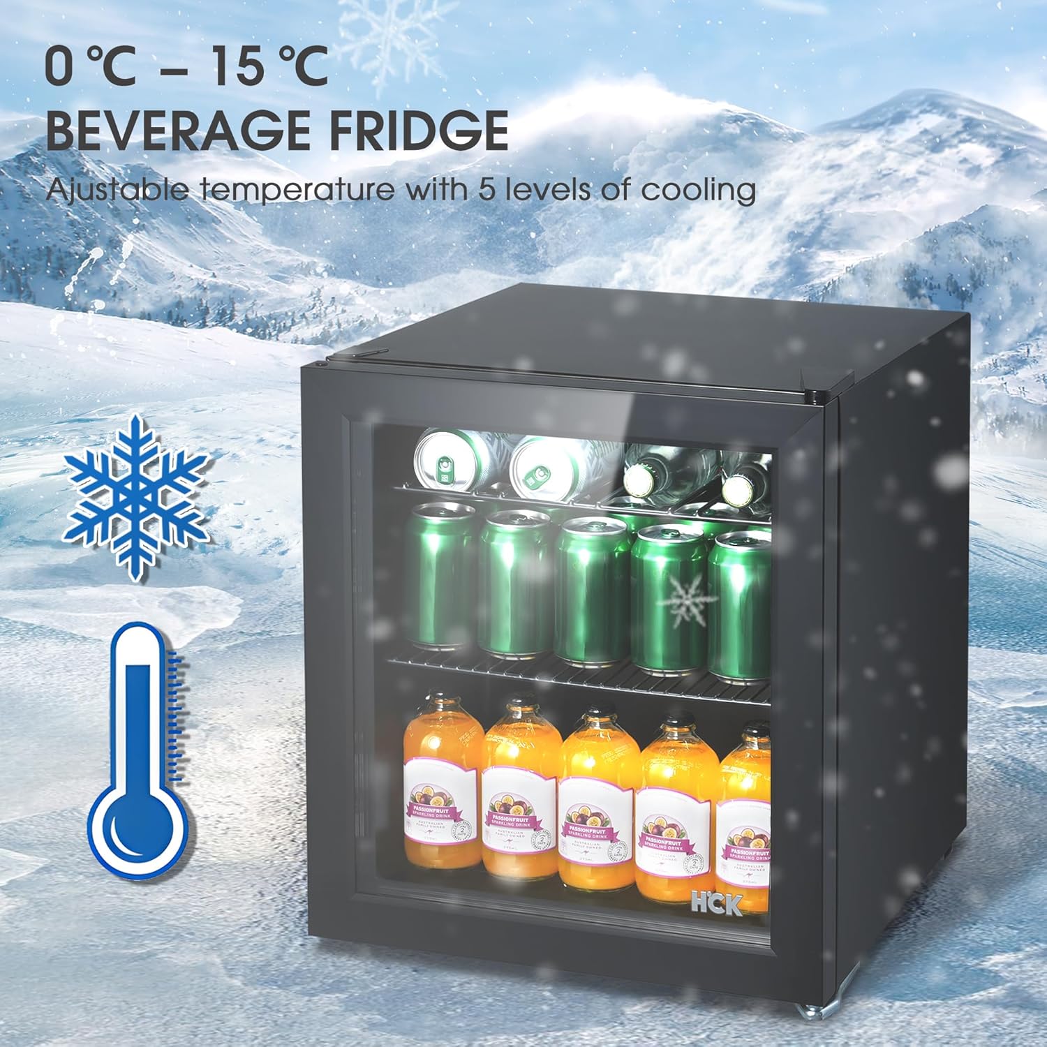 HCK - Mini frigo 48L - porte vitrée, silencieux, 0-15°C, compact