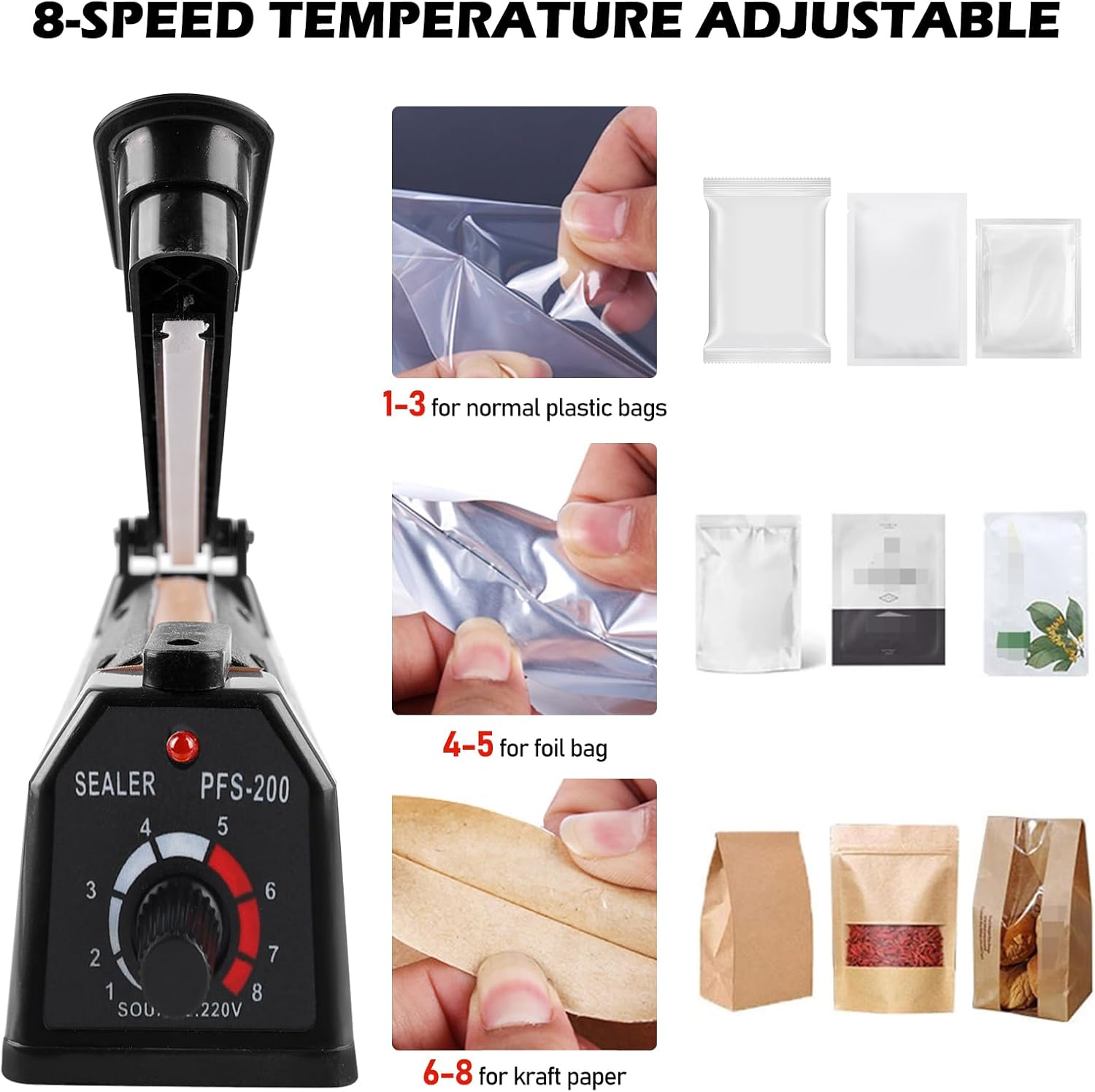 Scelleuse thermique - 200 mm - réglage impulsion, pour sacs PE/PP/Mylar