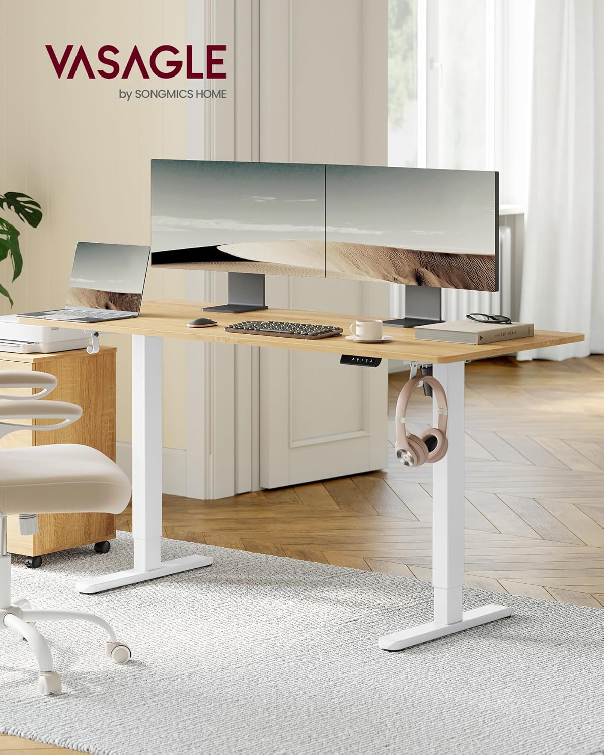 VASAGLE - bureau assis-debout, acier blanc, 3 hauteurs, 2 crochets, LSD021W01V2