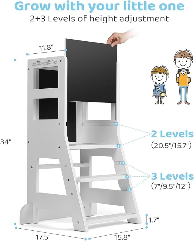 KIDINIX - tour Montessori 3 hauteurs - blanc - tableau magnétique et craies - KIDINIX