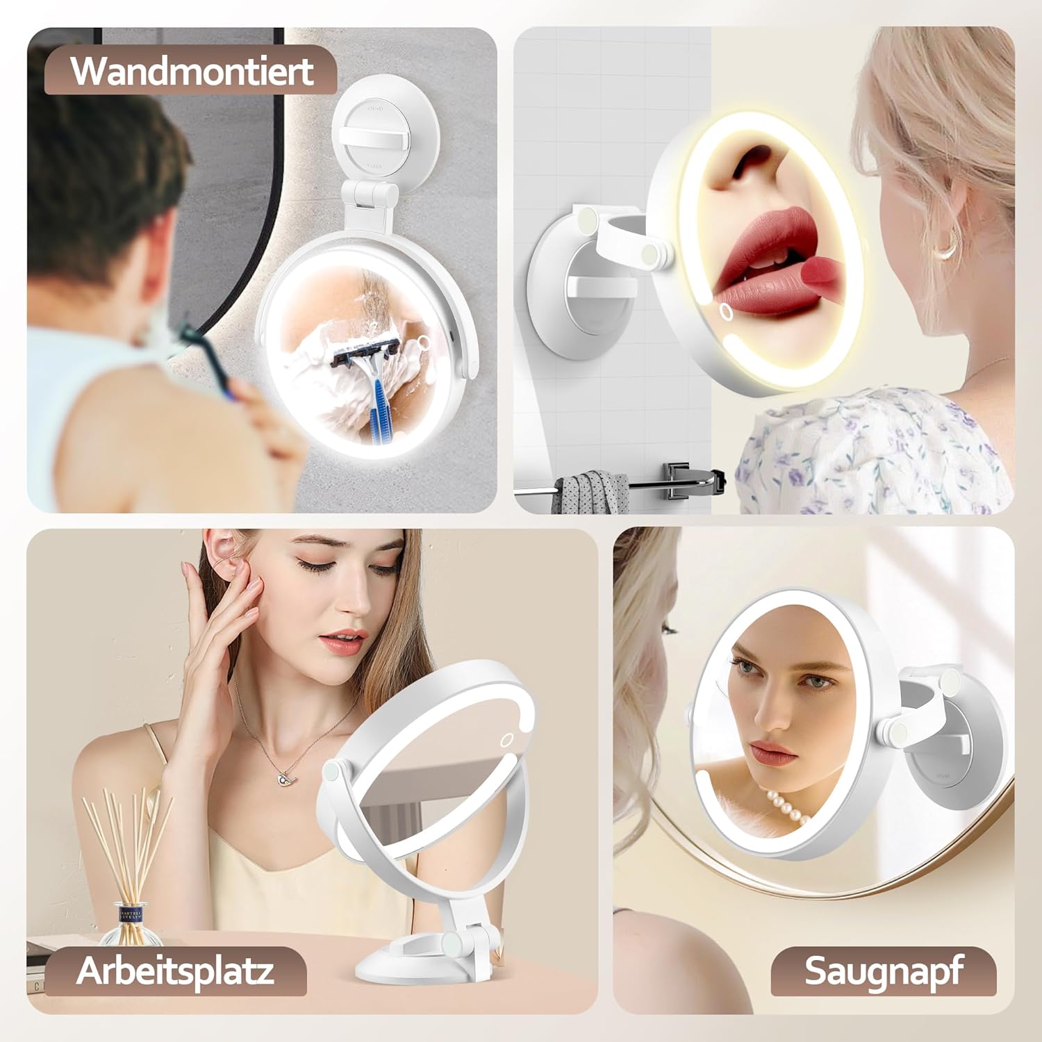 Miroir grossissant double face, ventouse, éclairage 3 modes, 30 compartiments