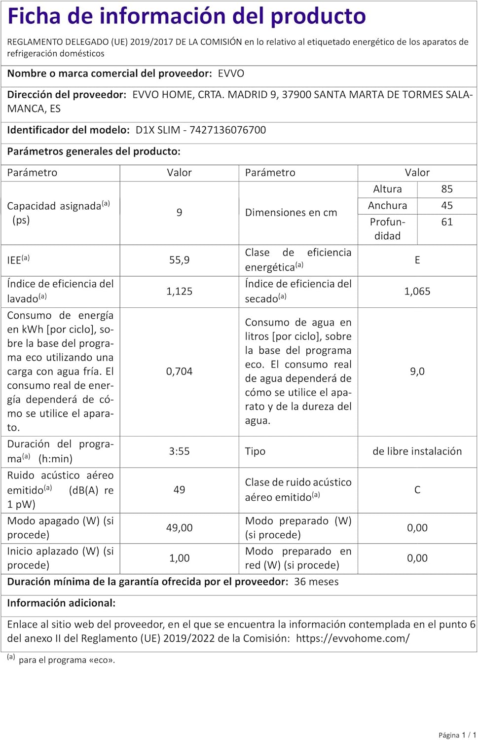 EVVO - lave-vaisselle D1 Slim - 45 cm - 9 couverts, 5 programmes, plateau réglable, inox