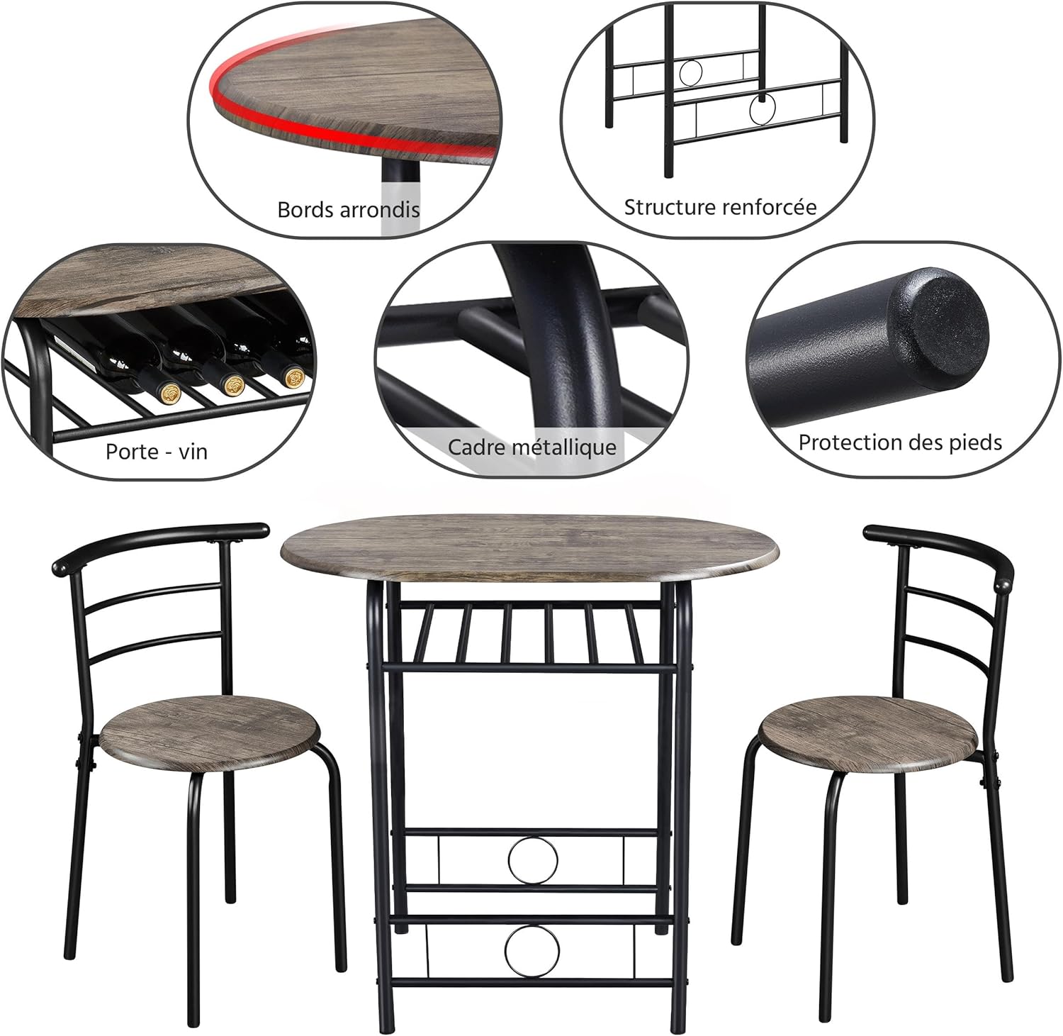 Yaheetech - ensemble table à manger 3 pièces - bois gris/noir - porte-bouteilles, compact