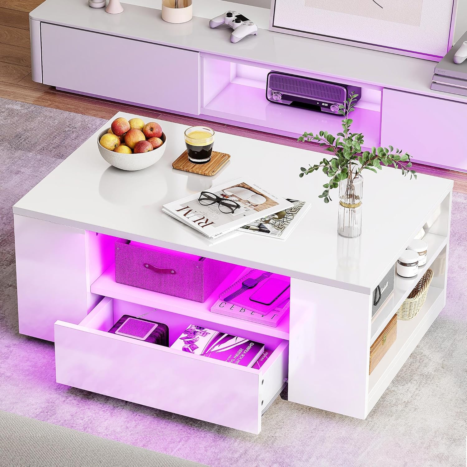 YITAHOME - table basse LED 16 couleurs, 95x55x37 cm, 2 tiroirs