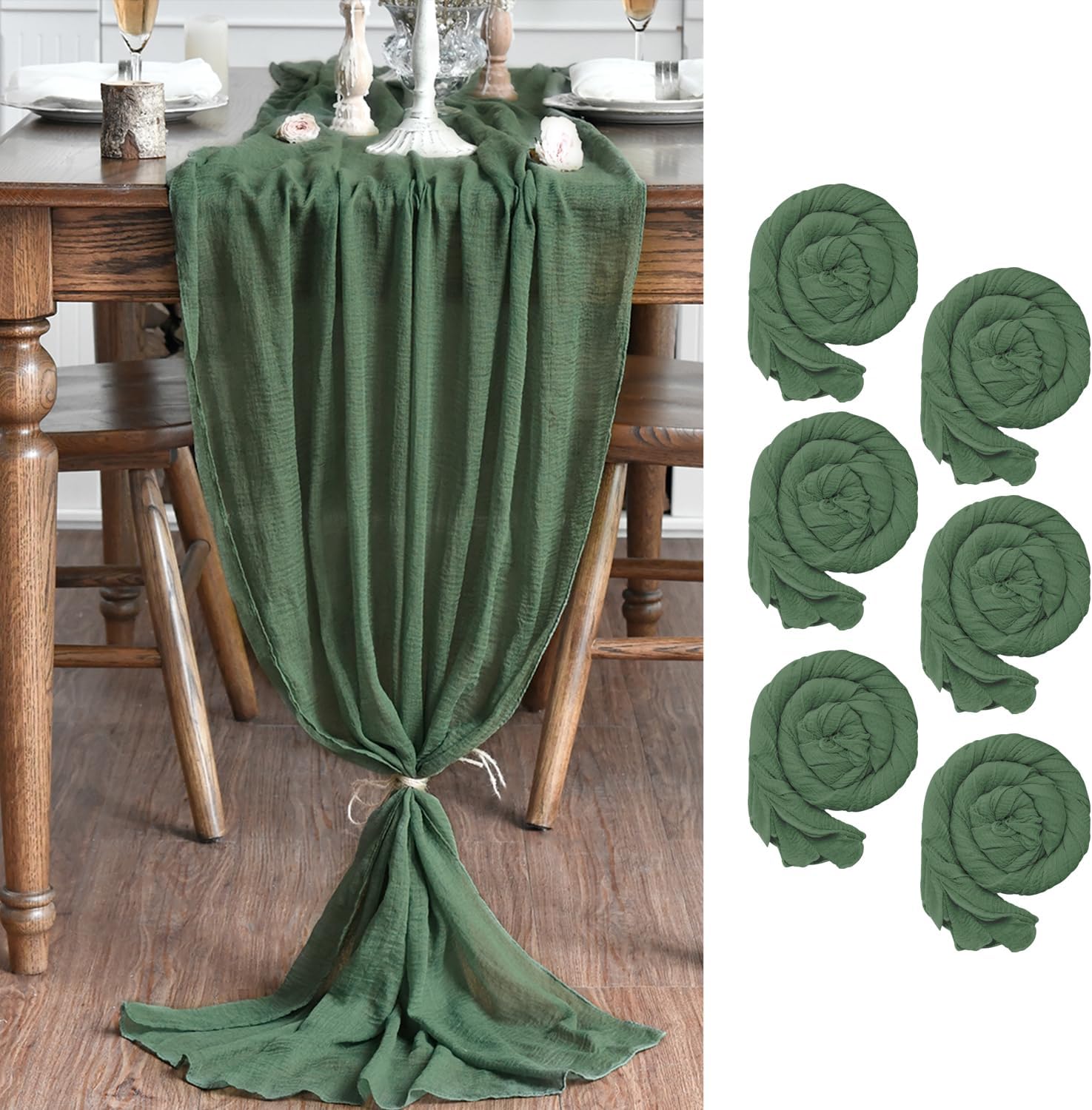 Artoid Mode - Lot de 6 chemins de table - 300 cm - mousseline bohème vert forêt, pour mariage et fête