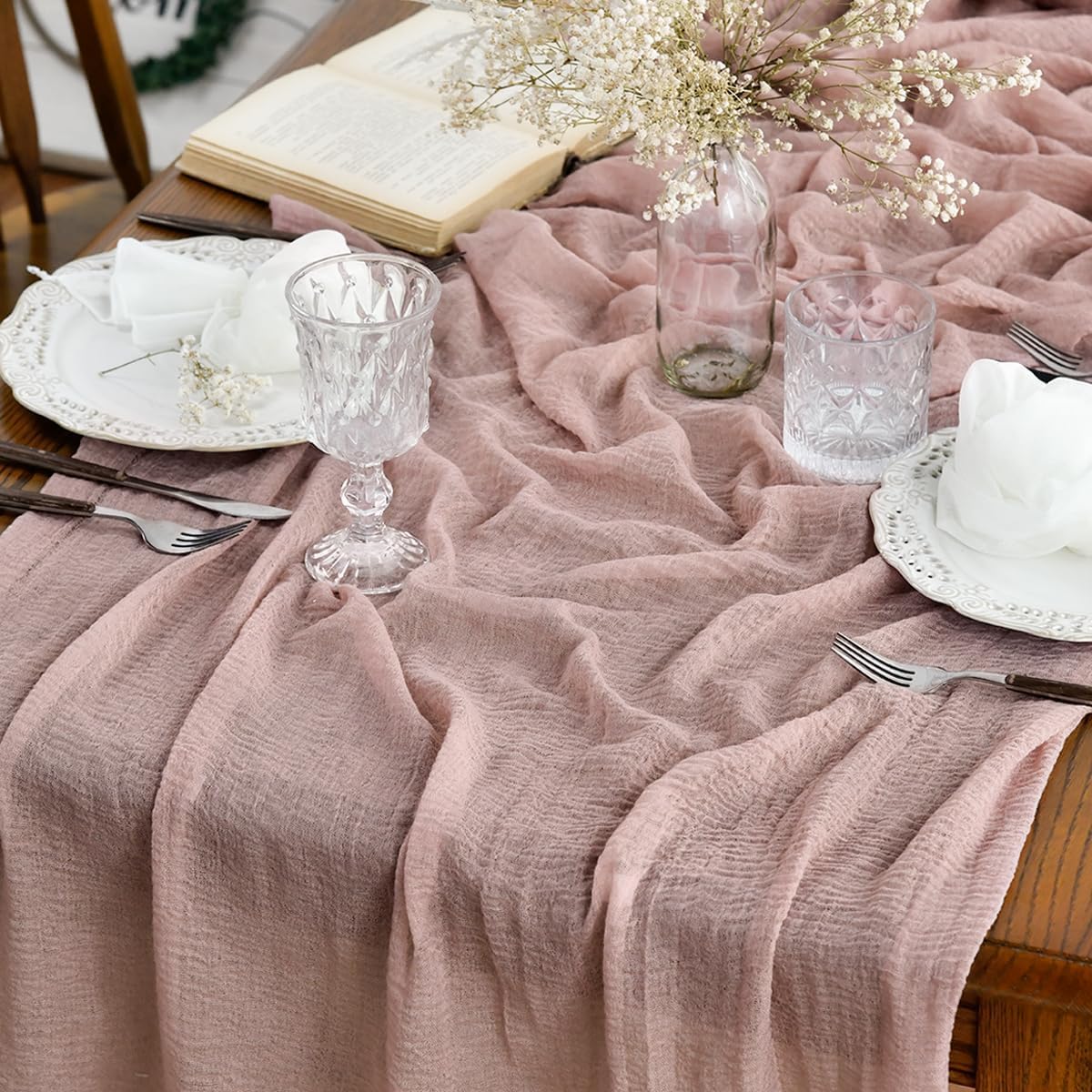 Artoid Mode - Chemins de Table Bohême - 400cm - gaze mousseline rose, déco mariage, fête