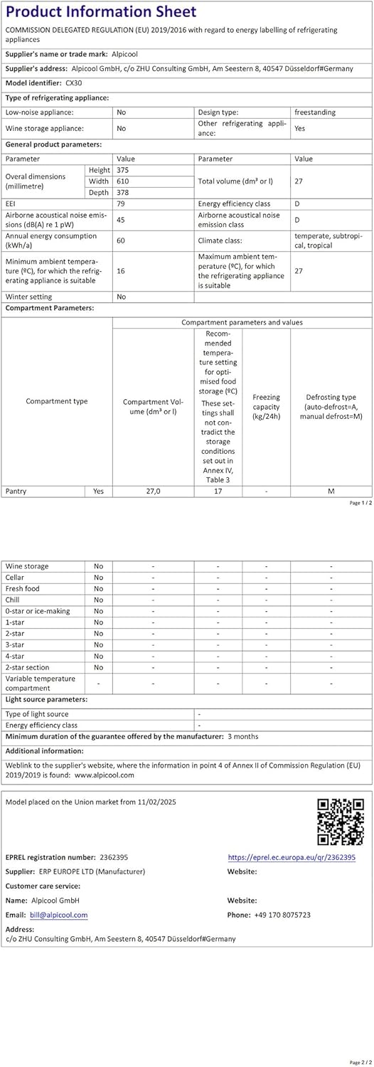 Alpicool - ECX30 - 30L - Frigo portable, congélateur, -20°C à 20°C, rechargeable - ECX30
